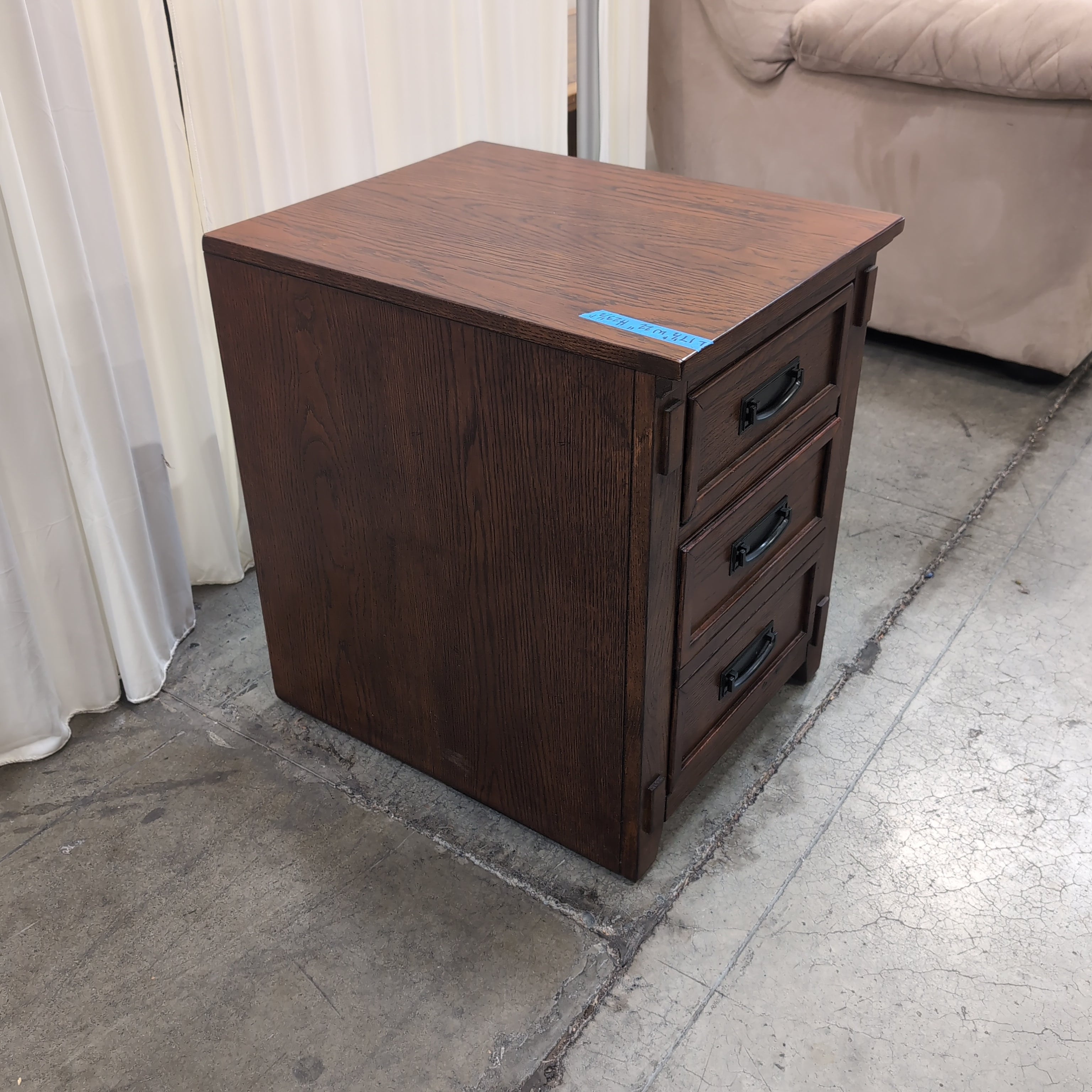 Brown Stained Hardwood Three-Drawer Nightstand with Black Hardware
