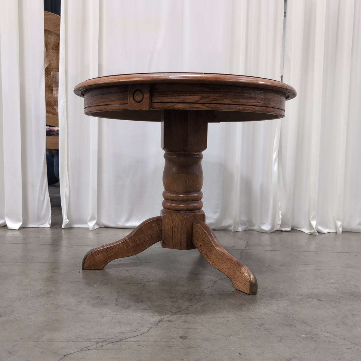 Round Brown Wood End Table with Pedestal Base