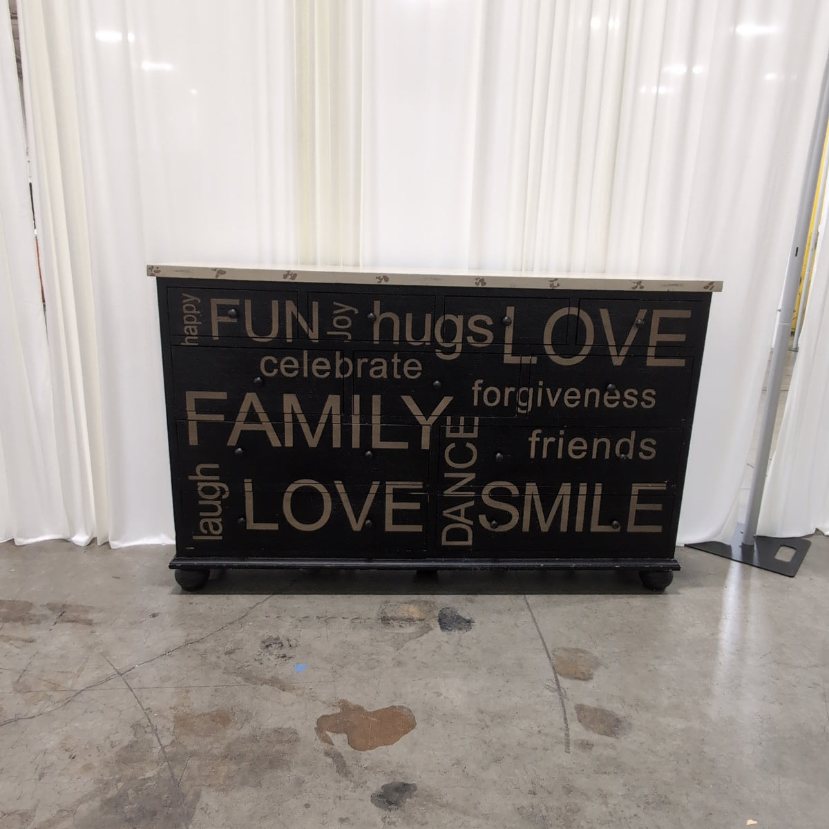 Rustic Black Wood Dresser with Stenciled Words
