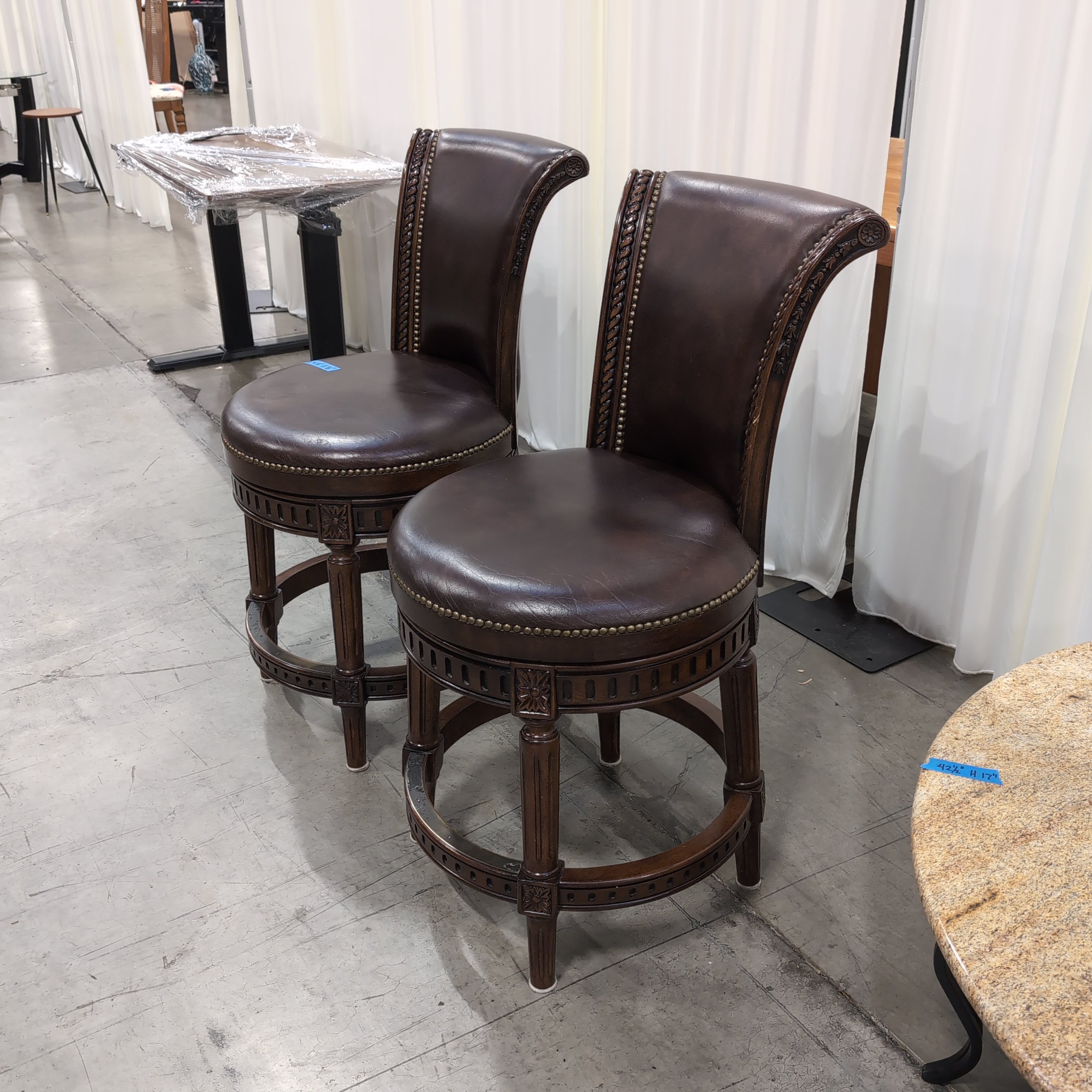 Pair of Dark Brown Upholstered Swivel Bar Stool with Nailhead Trim
