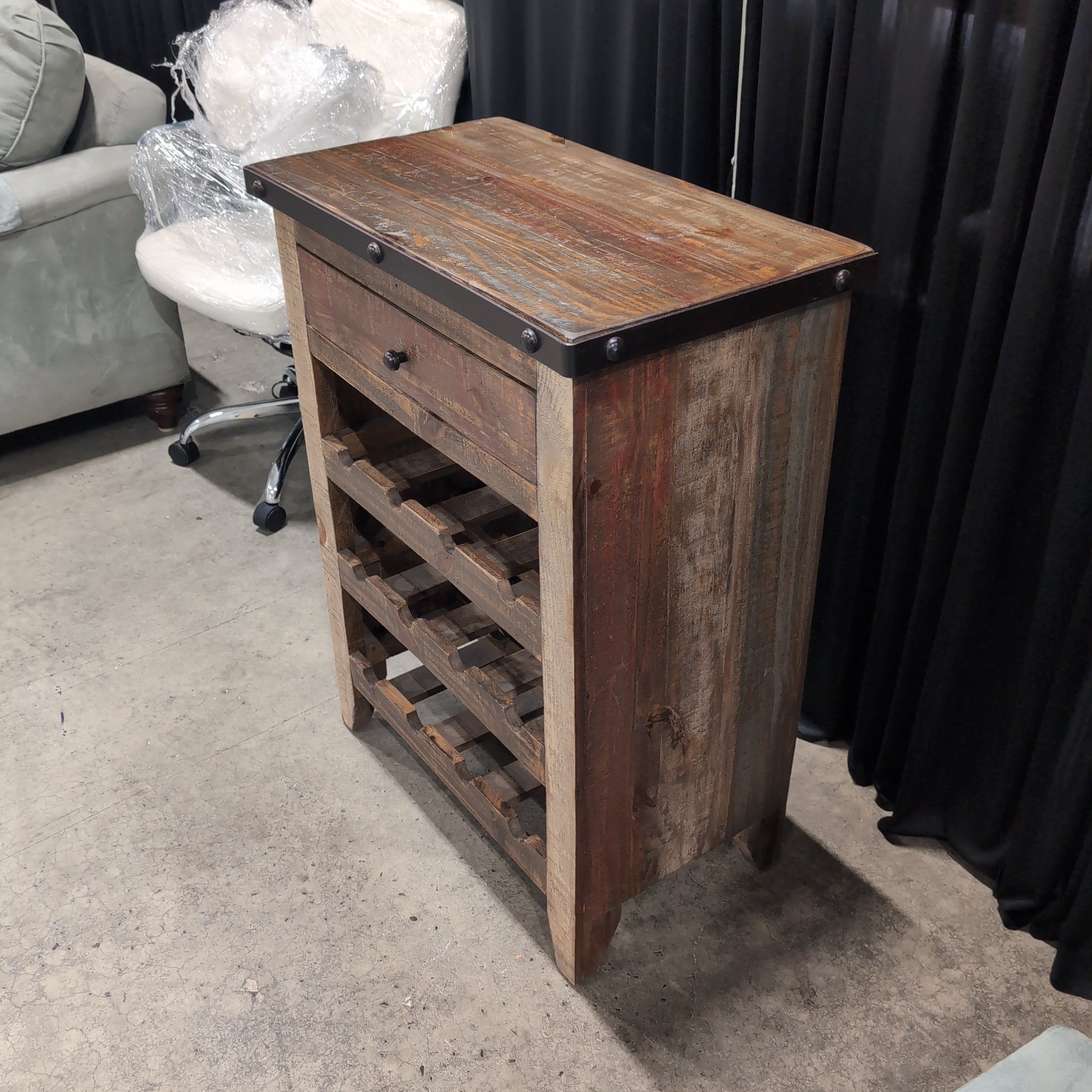 Rustic Wood End Table with Wine Rack Storage