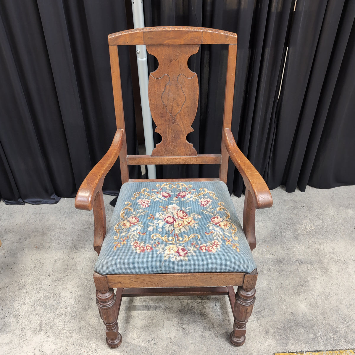 Traditional Carved Wood Armchair with Needlepoint Seat