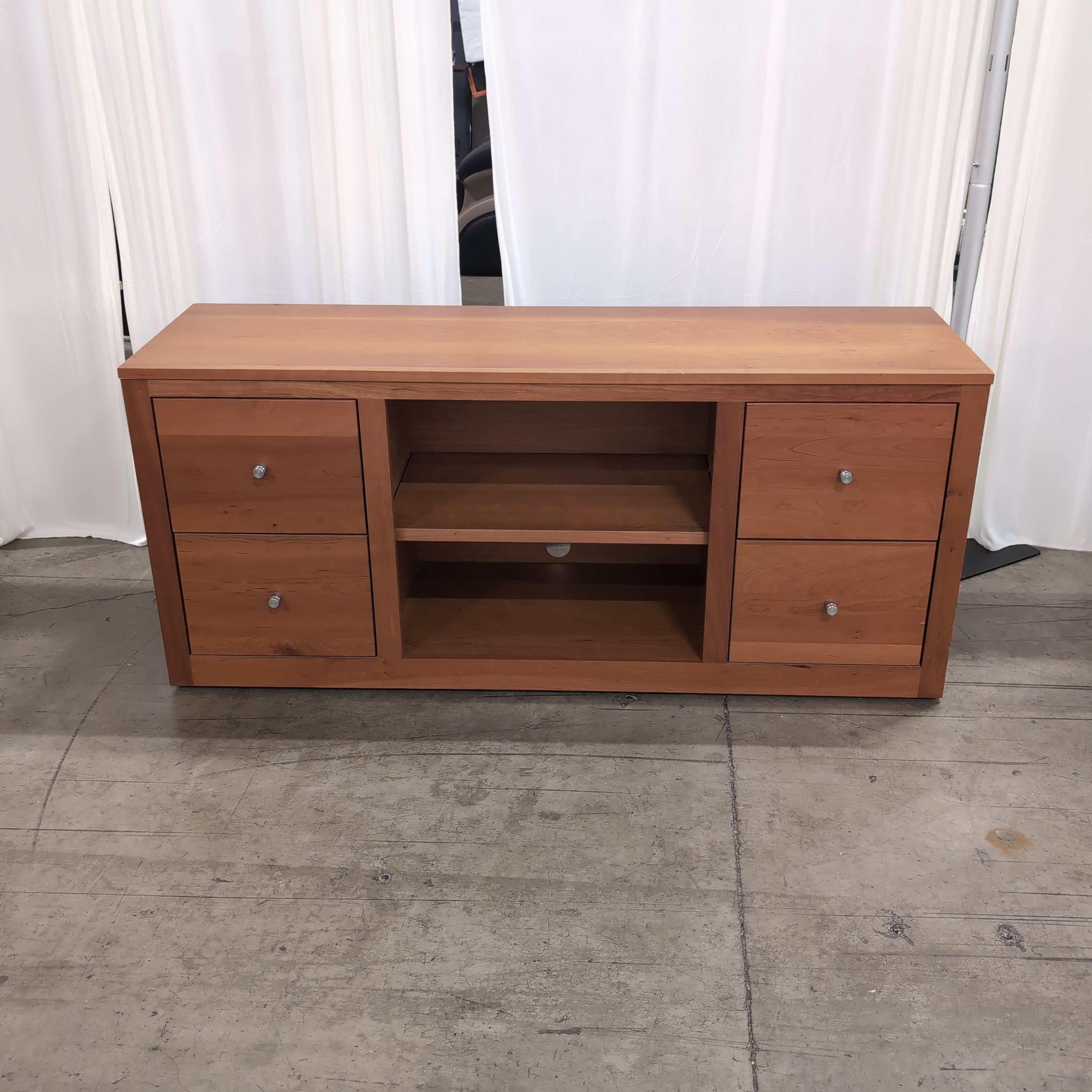 Brown Hardwood Long TV Stand with Silver Hardware