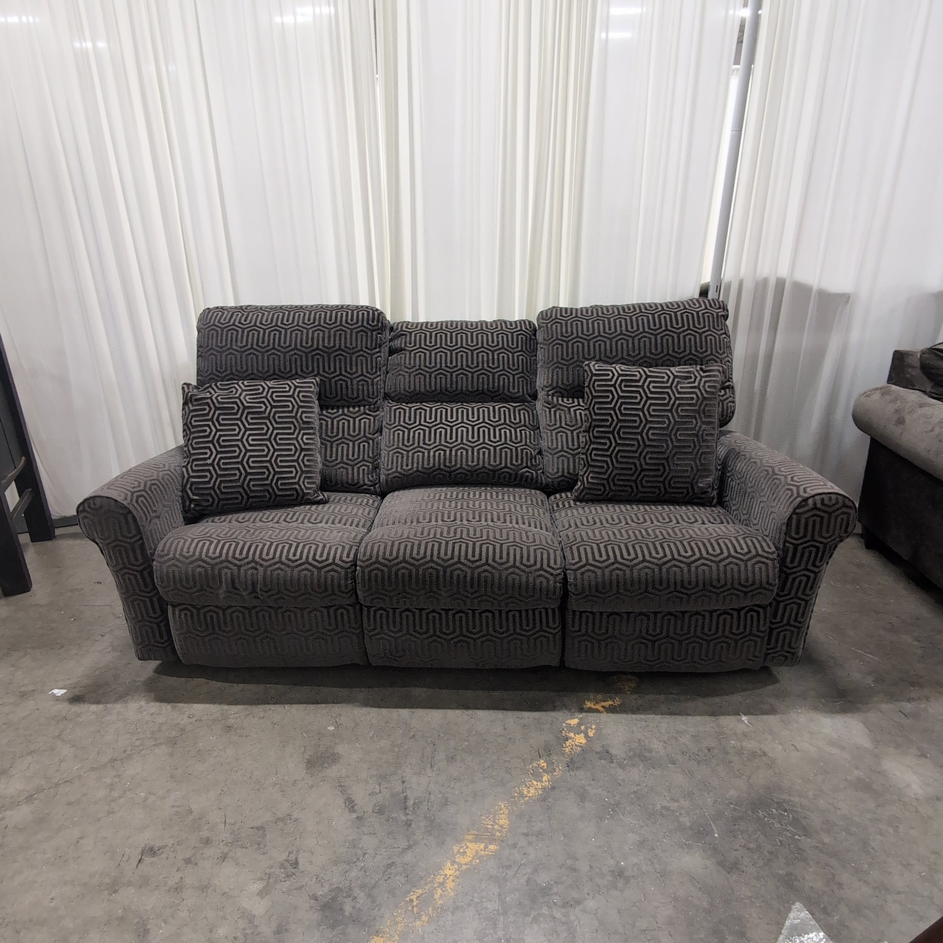 Charcoal Fabric Reclining Couch with Geometric Pattern