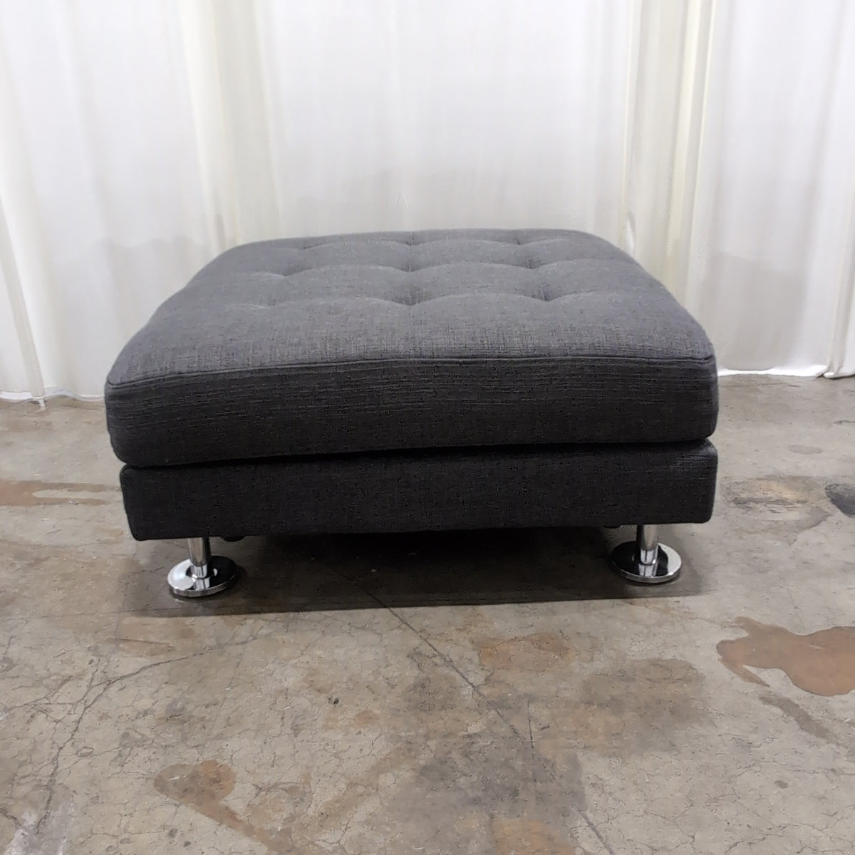 Grey Tufted Fabric Ottoman with Chrome Feet