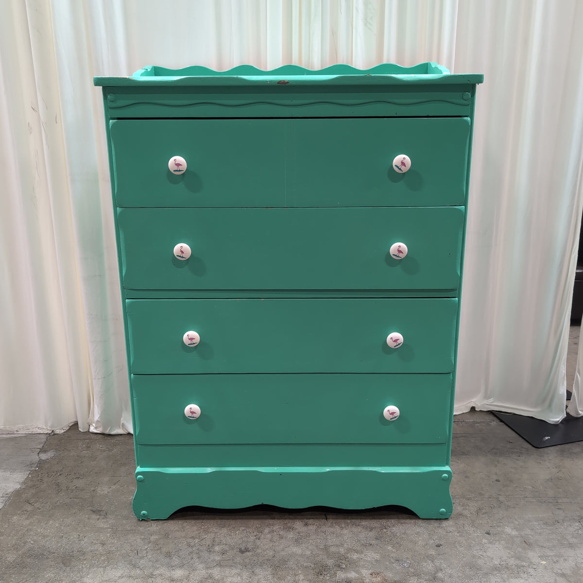 Teal Painted Wood Dresser with Scalloped Top
