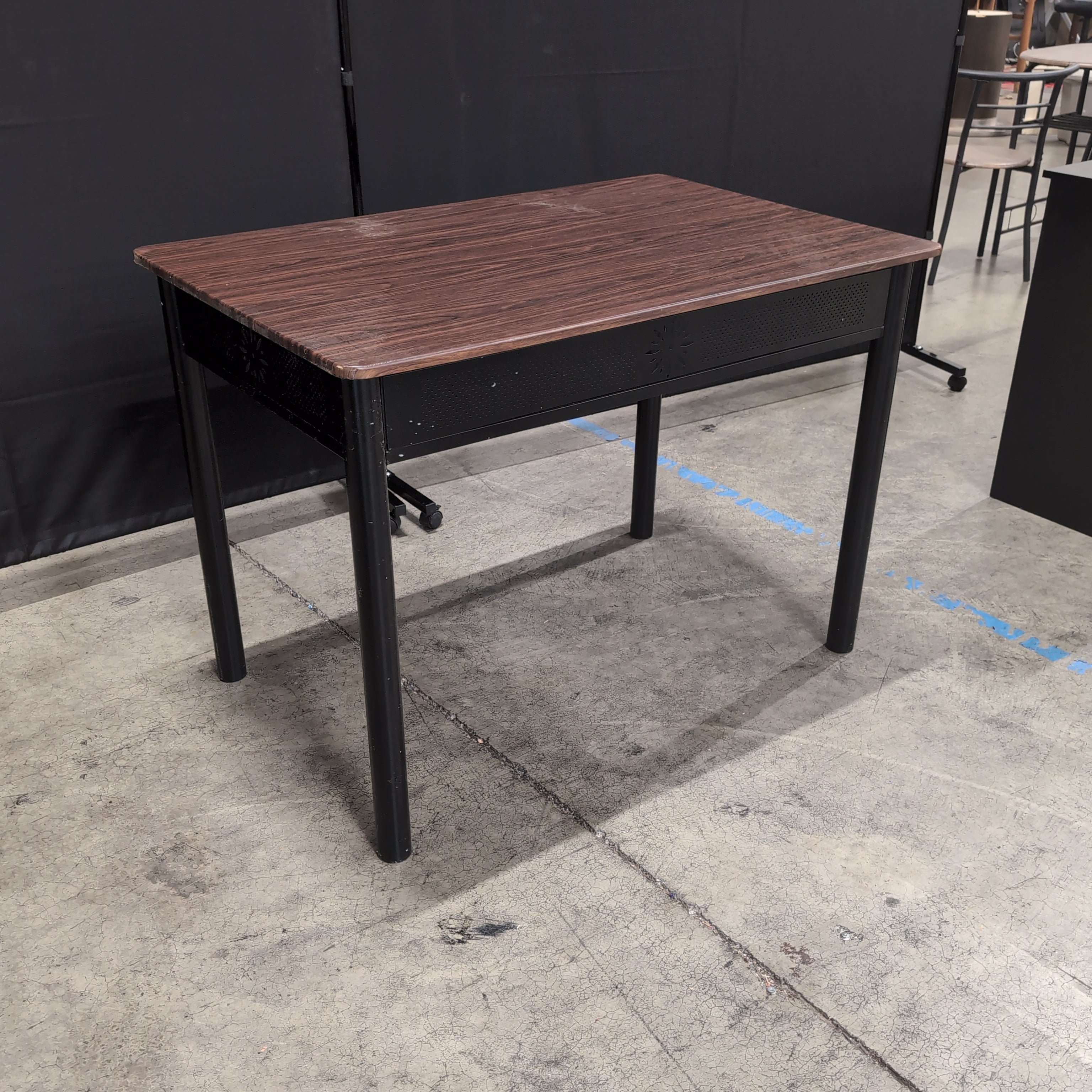 Brown Wood-Grain Top Desk with Perforated Metal Panel