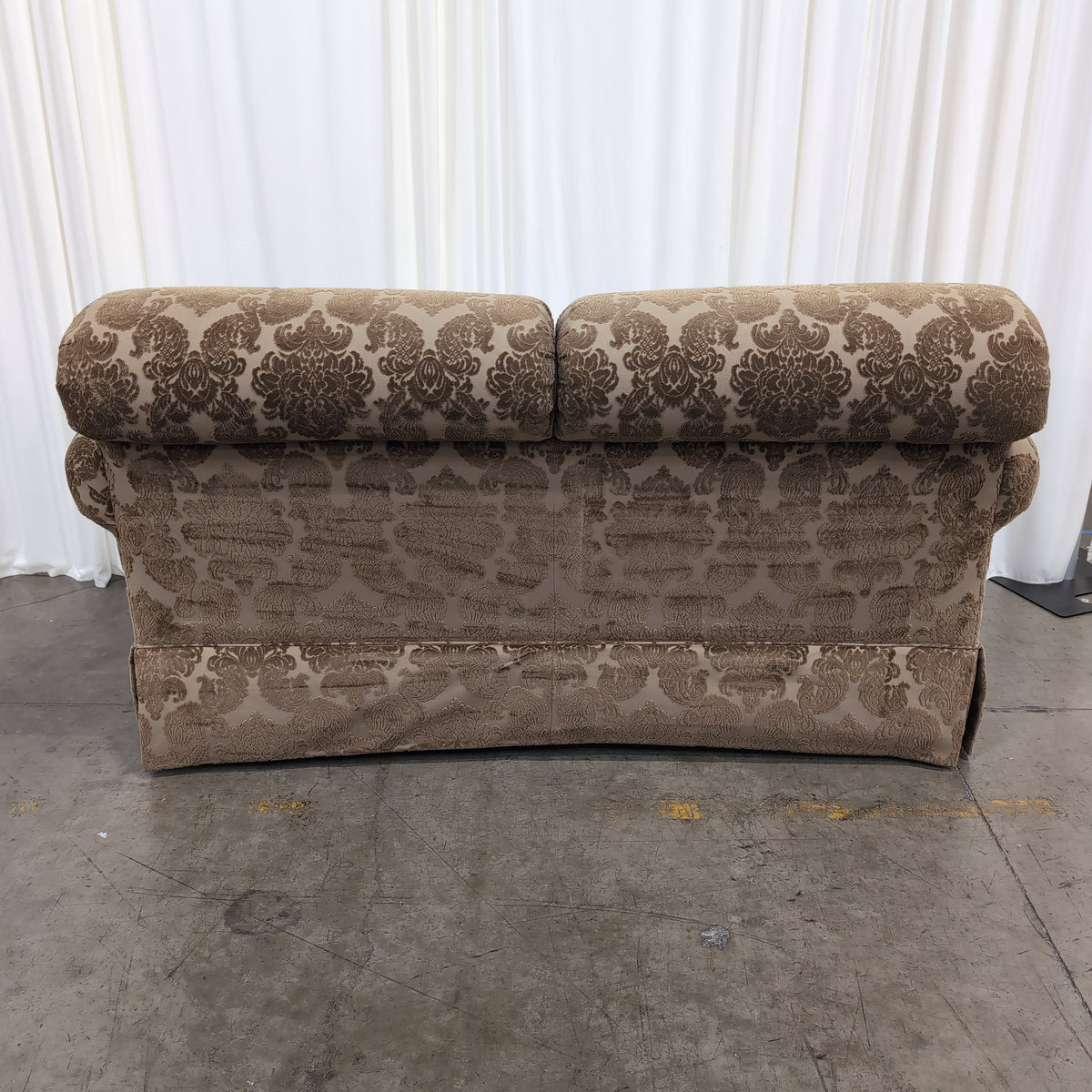 Traditional Brown Damask Upholstered Loveseat with Rolled Arms