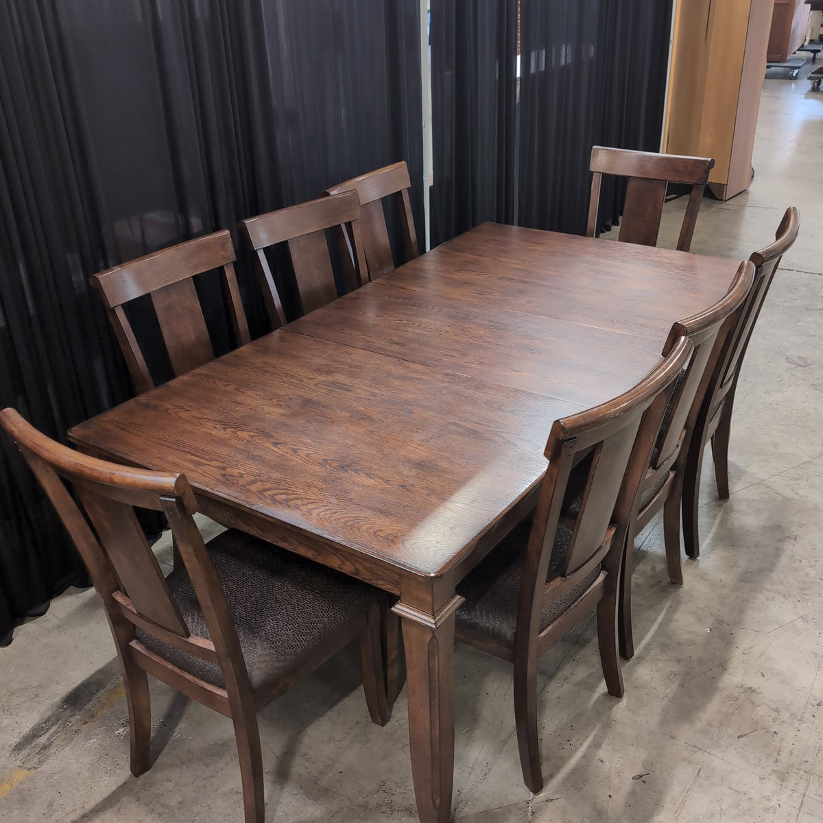 Dark Stained Wood Rectangular Dining Table with Six Chairs