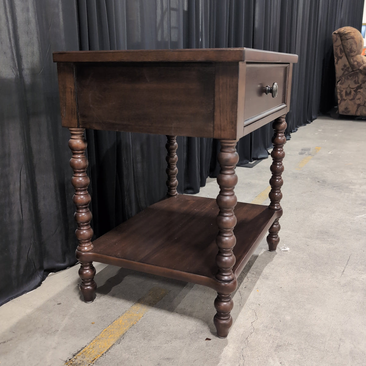 Dark Wood Single Drawer Nightstand with Bobbin Legs