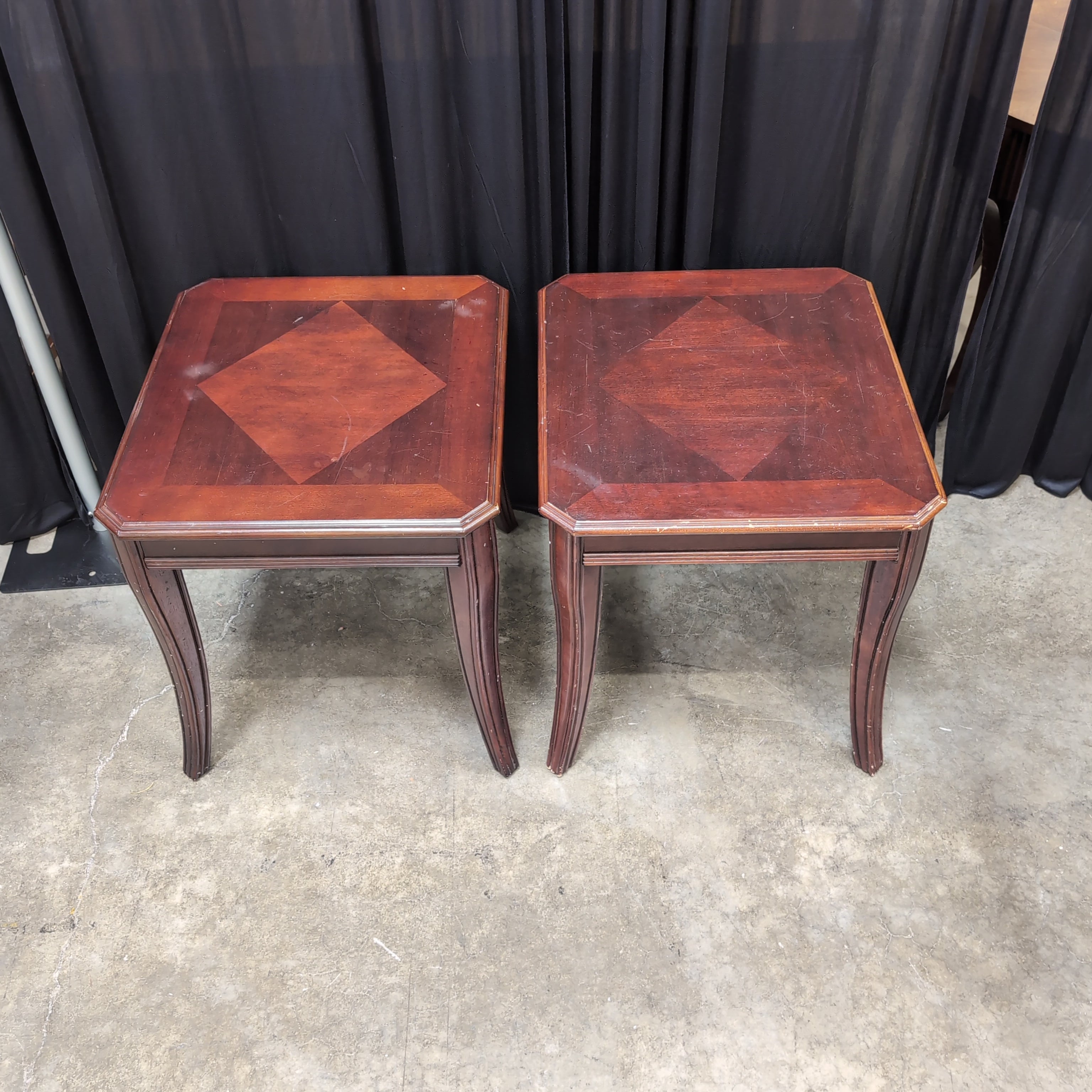 Pair of Dark Cherry Wood End Table with Curved Legs
