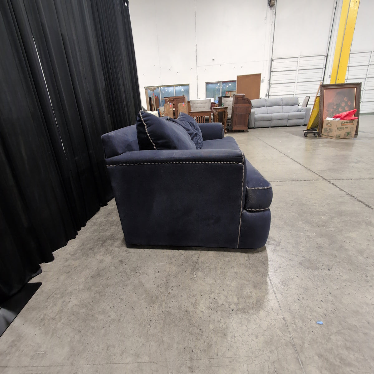 Bench Craft Navy Blue Velvet-like Fabric Rolled Arm Couch with Contrast Piping