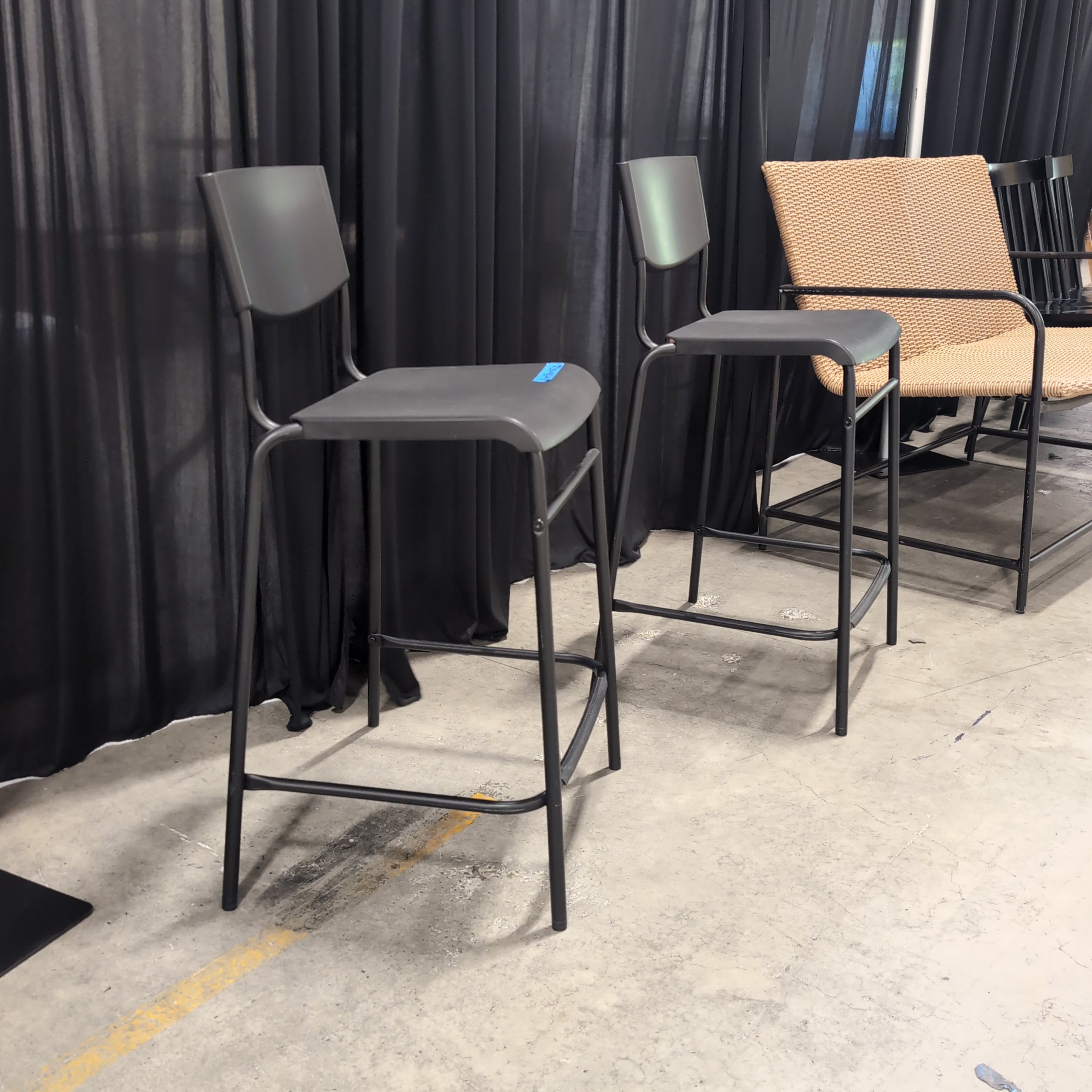 Two Grey Plastic Bar Stools with Metal Frames