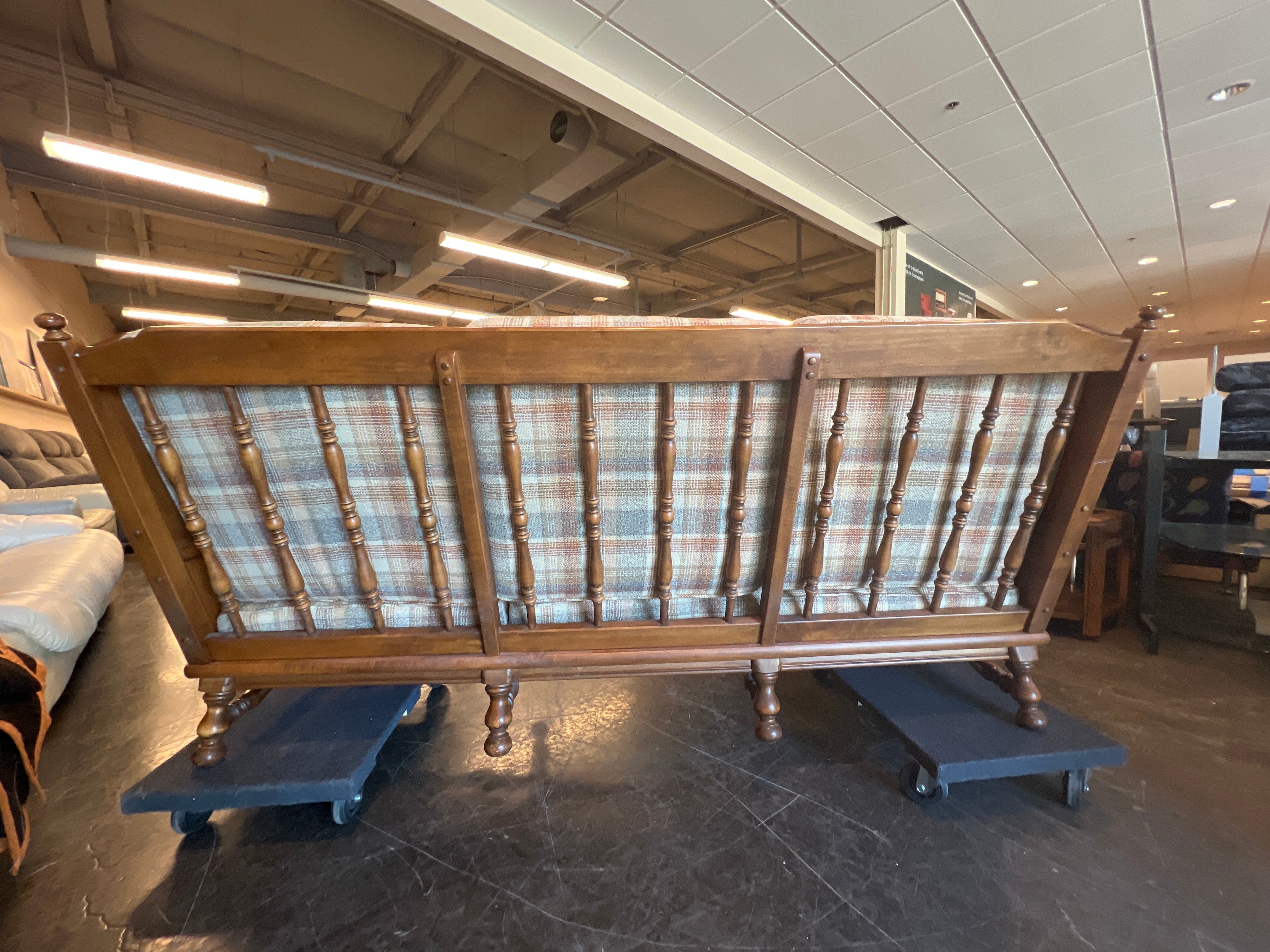 Rustic Wooden Settee with Plaid Cushion