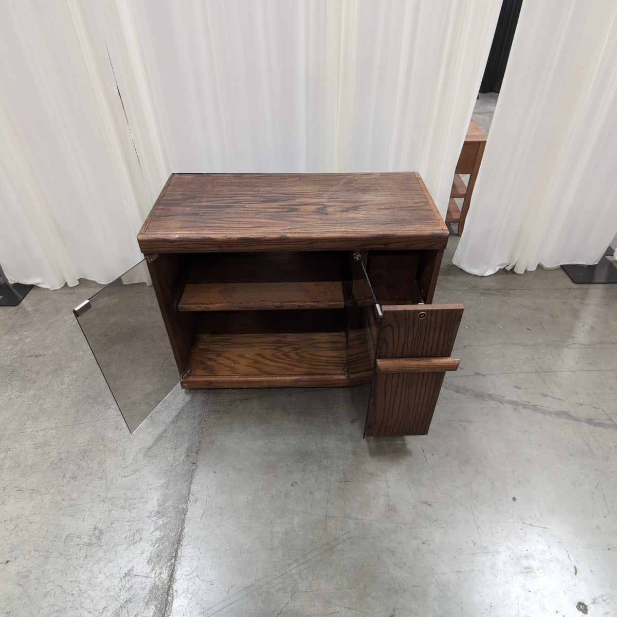 Dark Stained Wood TV Stand with Glass Doors