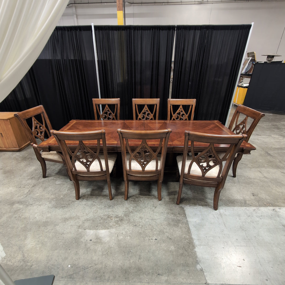 Ornate Carved Back Dining Table Set with Six Chairs