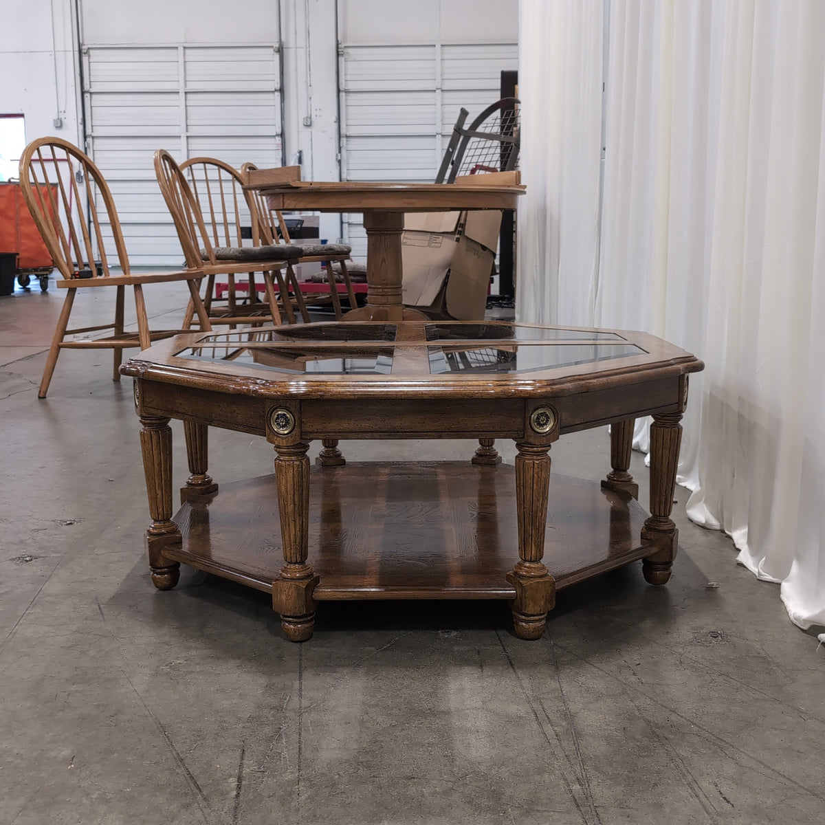 Traditional Octagonal Wood Coffee Table with Glass Top