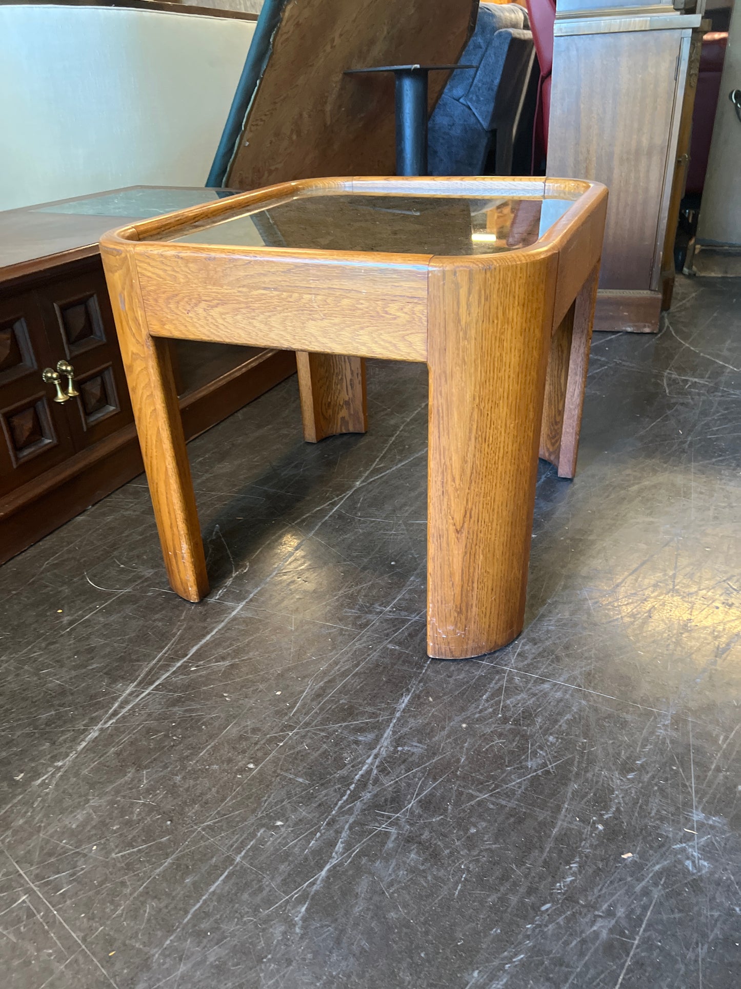 Mid-Century Oak Side Table with Tinted Glass and Burl-Style Inlay