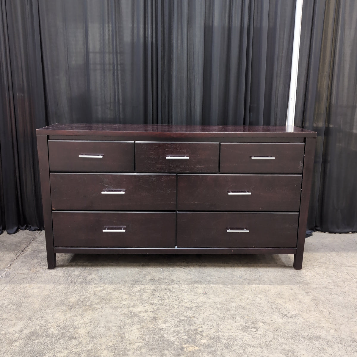 Dark Espresso Seven-Drawer Dresser with Silver Bar Pulls