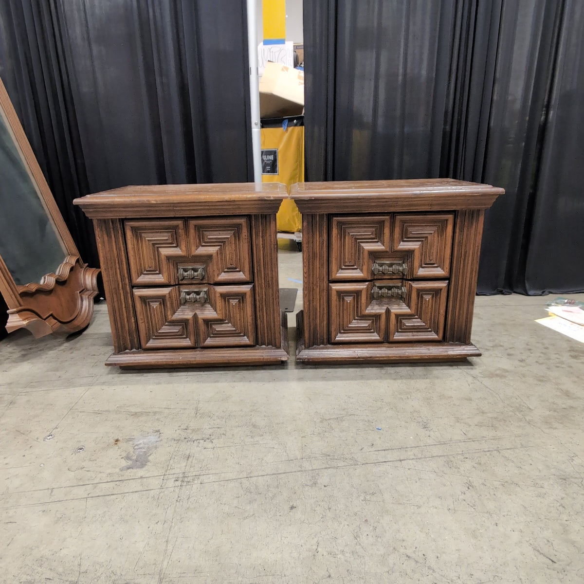 Pair of Ornate Dark Brown Wood Nightstand with Carved Panels