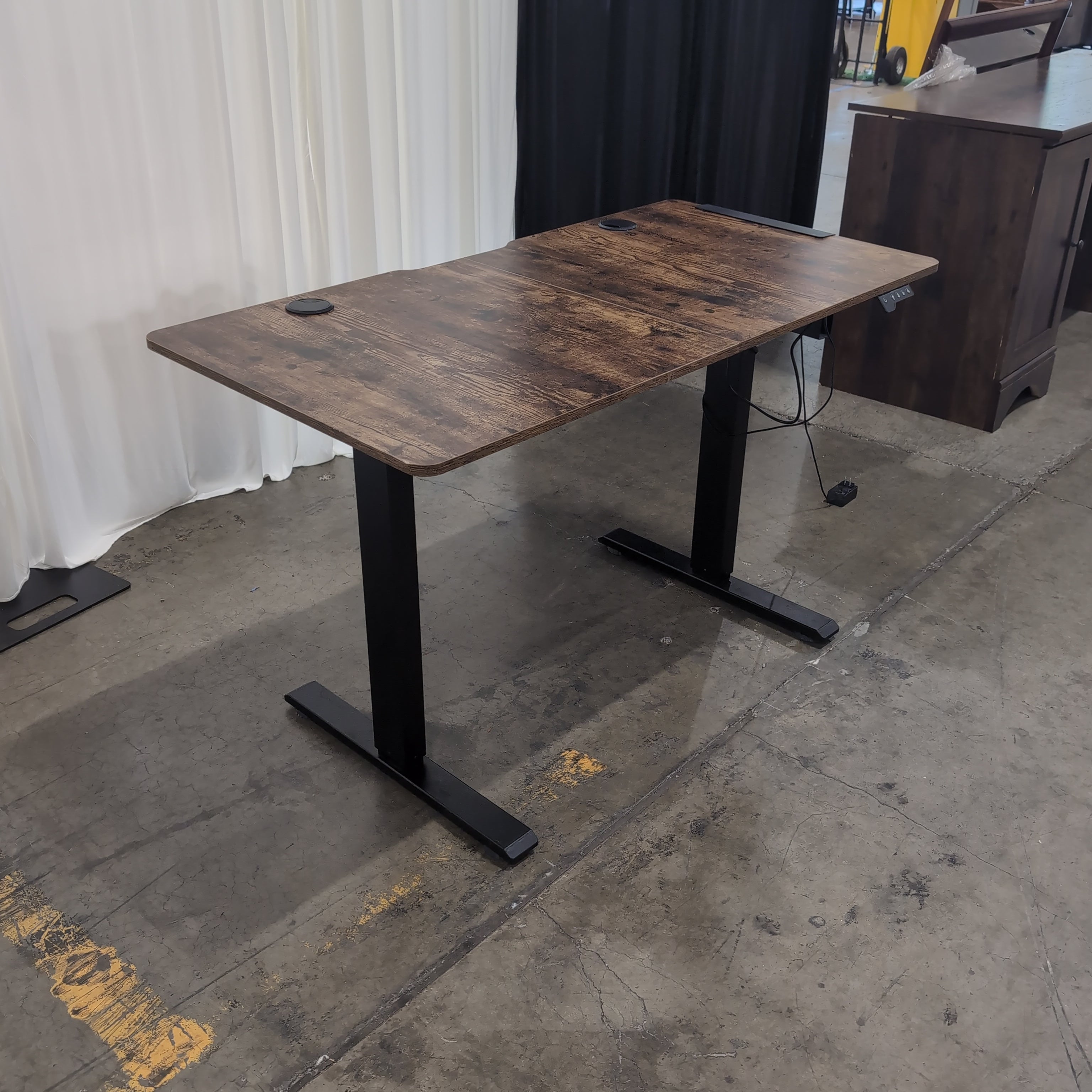 Dark Wood Look Adjustable Height Desk with Black Metal Base
