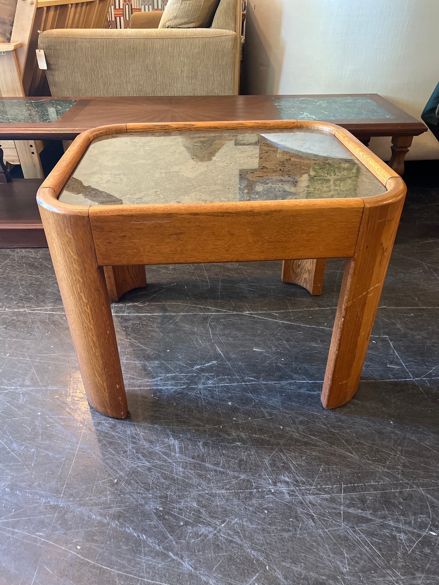 Mid-Century Oak Side Table with Tinted Glass and Burl-Style Inlay
