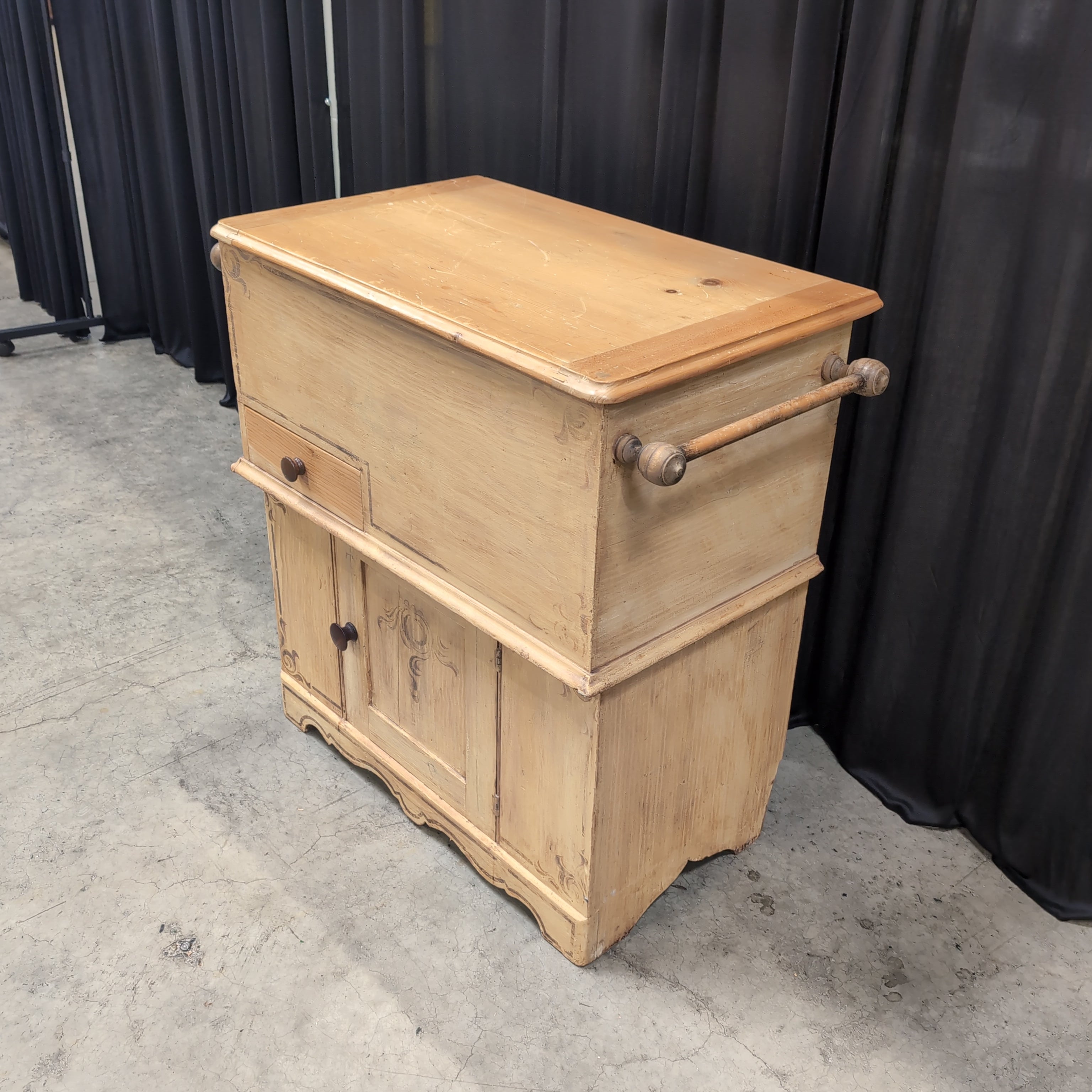 Pine lift-top washstand and dry sink cabinet