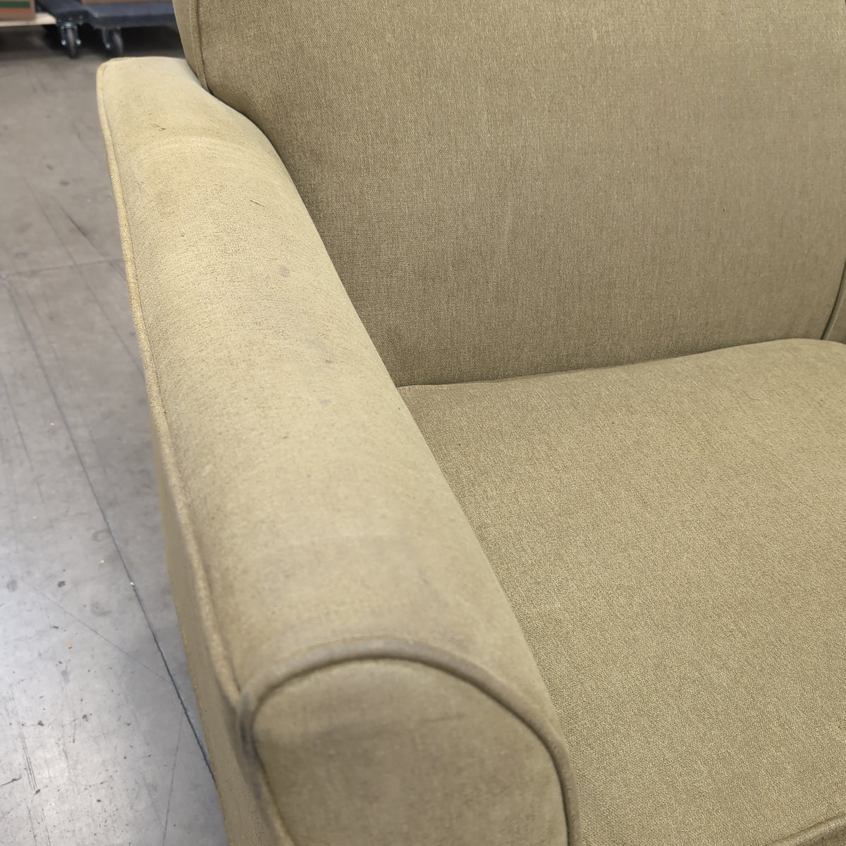 Tan Fabric Three-Cushion Couch with Rolled Arms