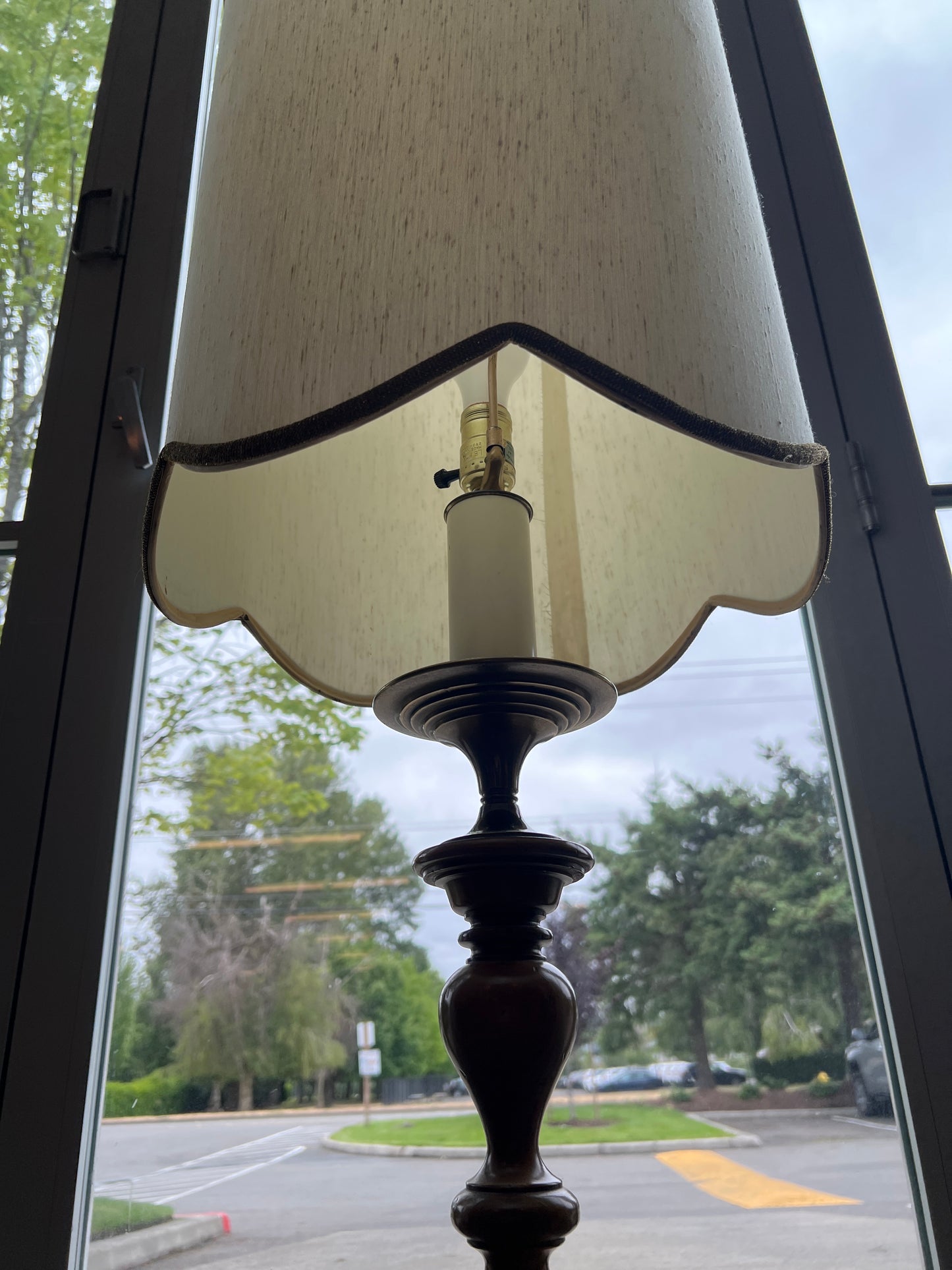 Vintage Brass Candlestick Table Lamp with Scalloped Shade