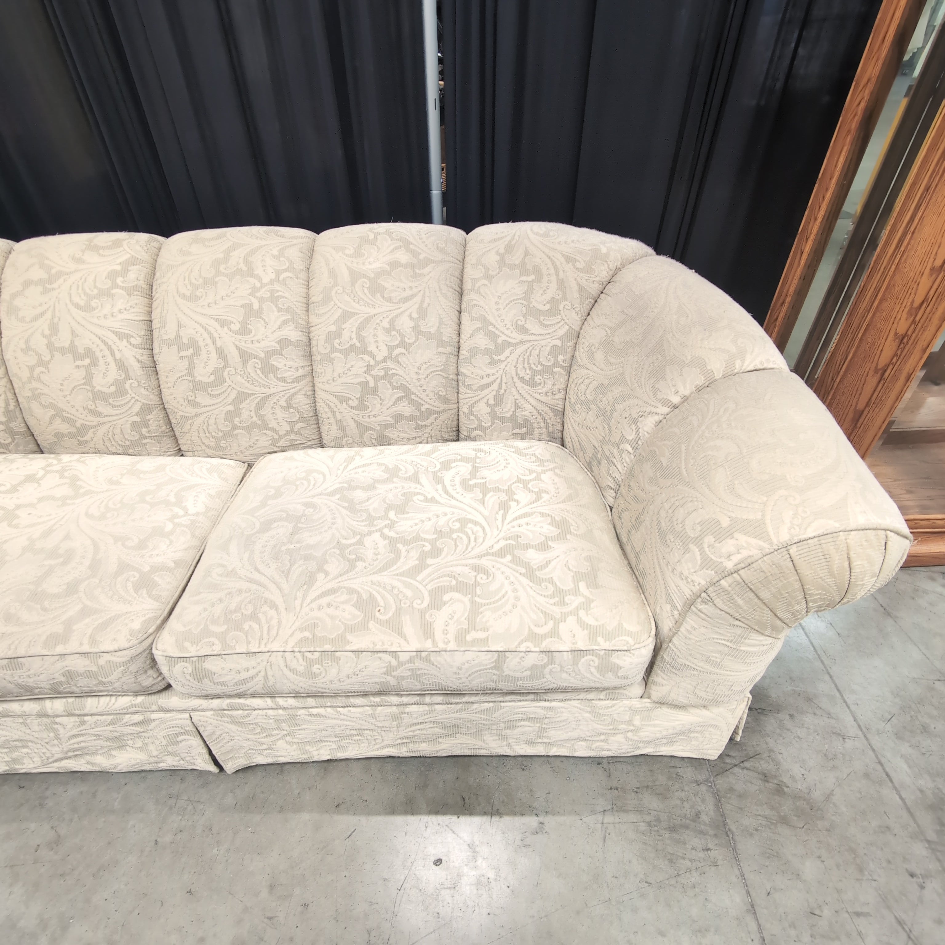 Traditional Beige Patterned Couch with Rolled Arms