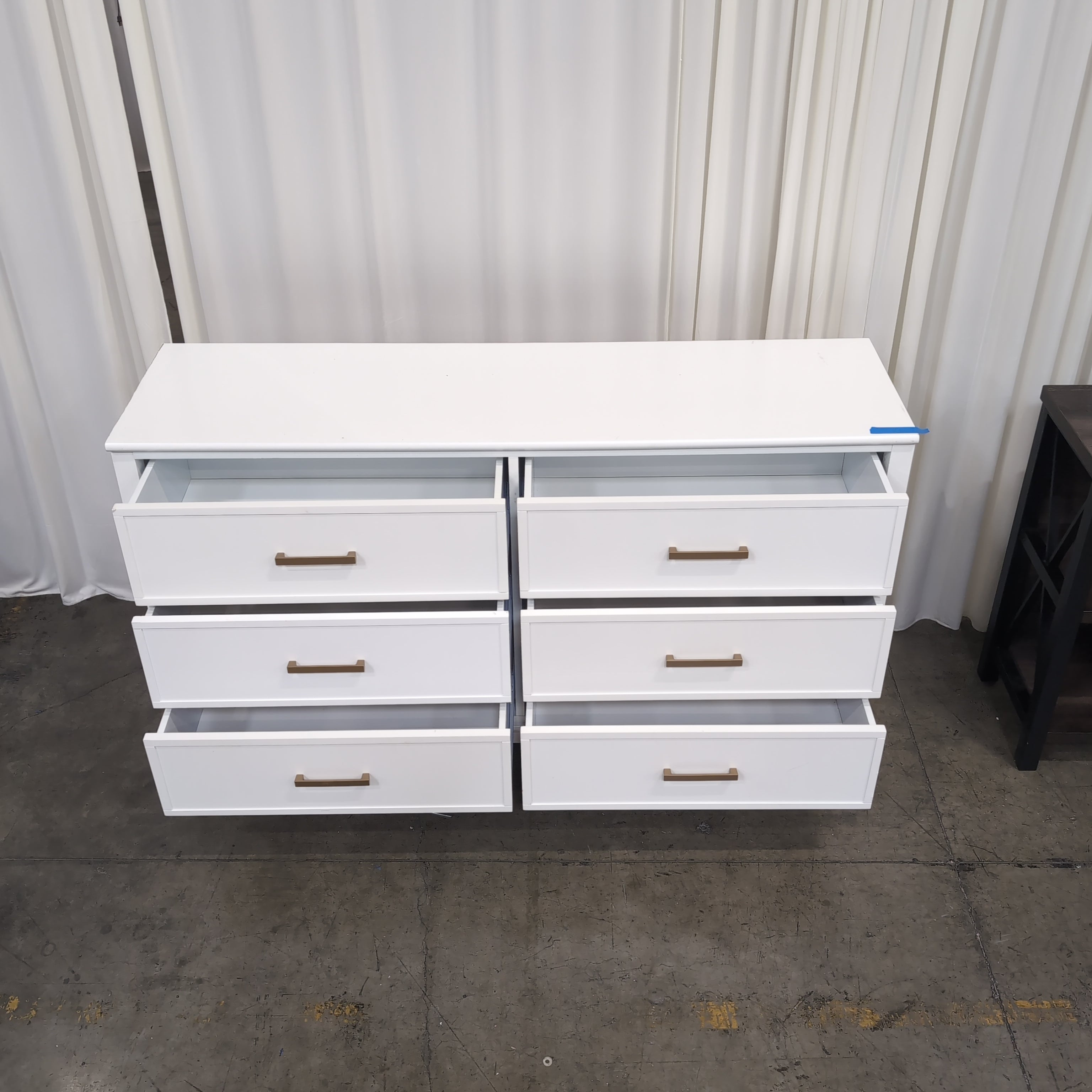 White Six-Drawer Wood Dresser with Gold Hardware