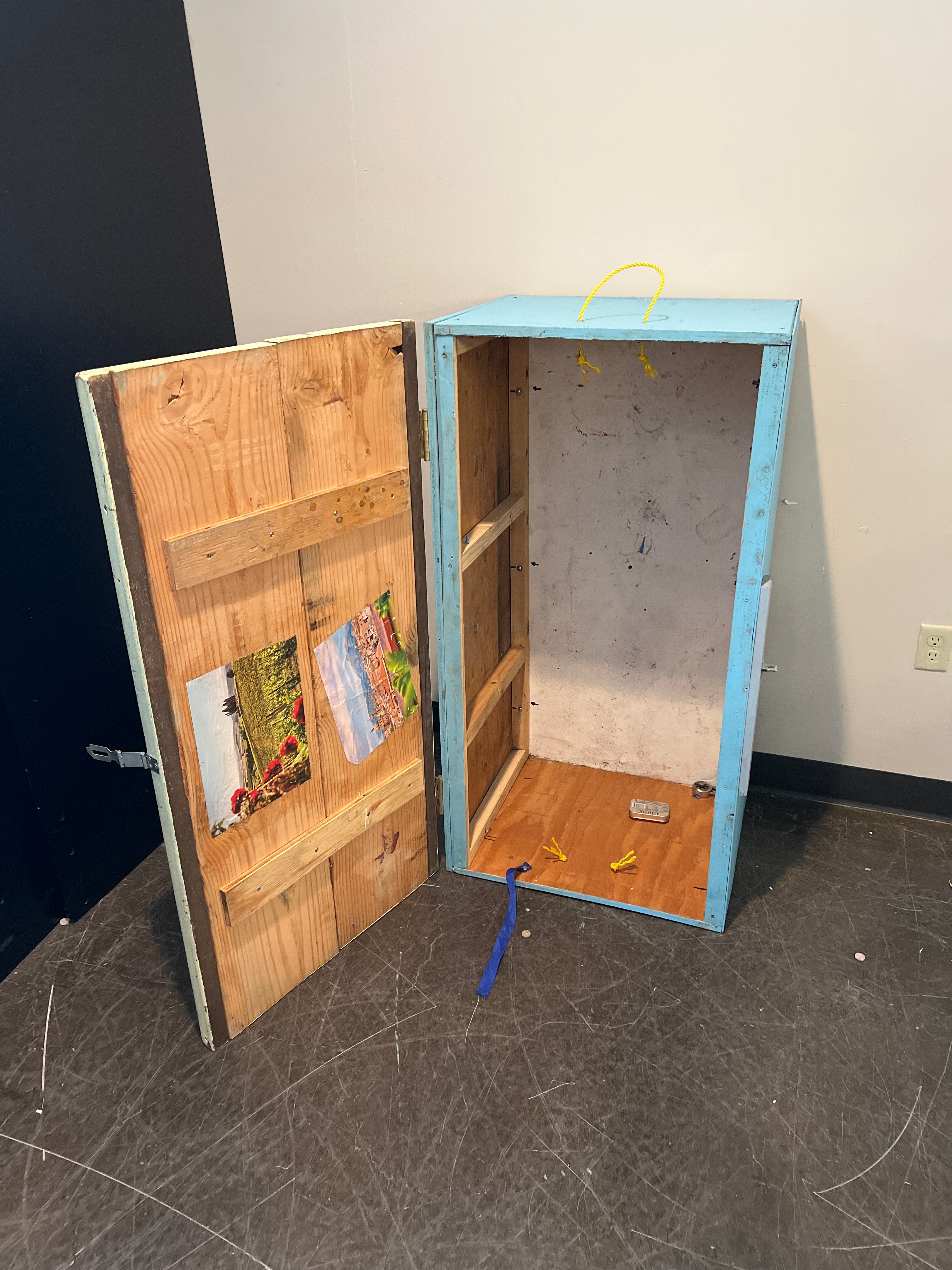 Handmade Painted Wooden Cabinet with Blue Top and Rope Handle