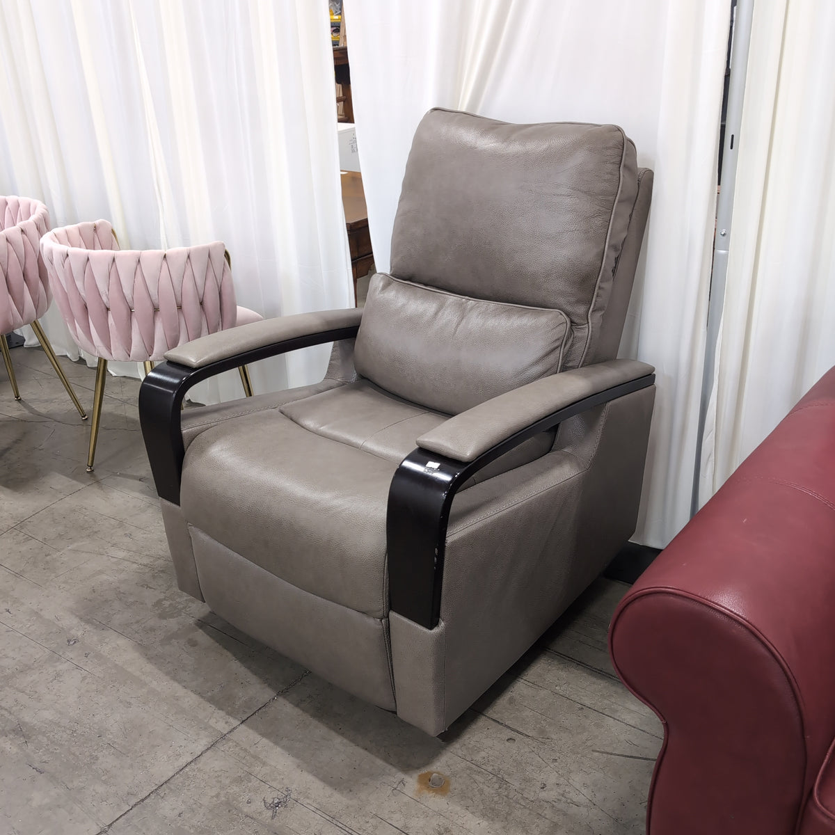Taupe Upholstered Recliner with Glossy Arm Panels