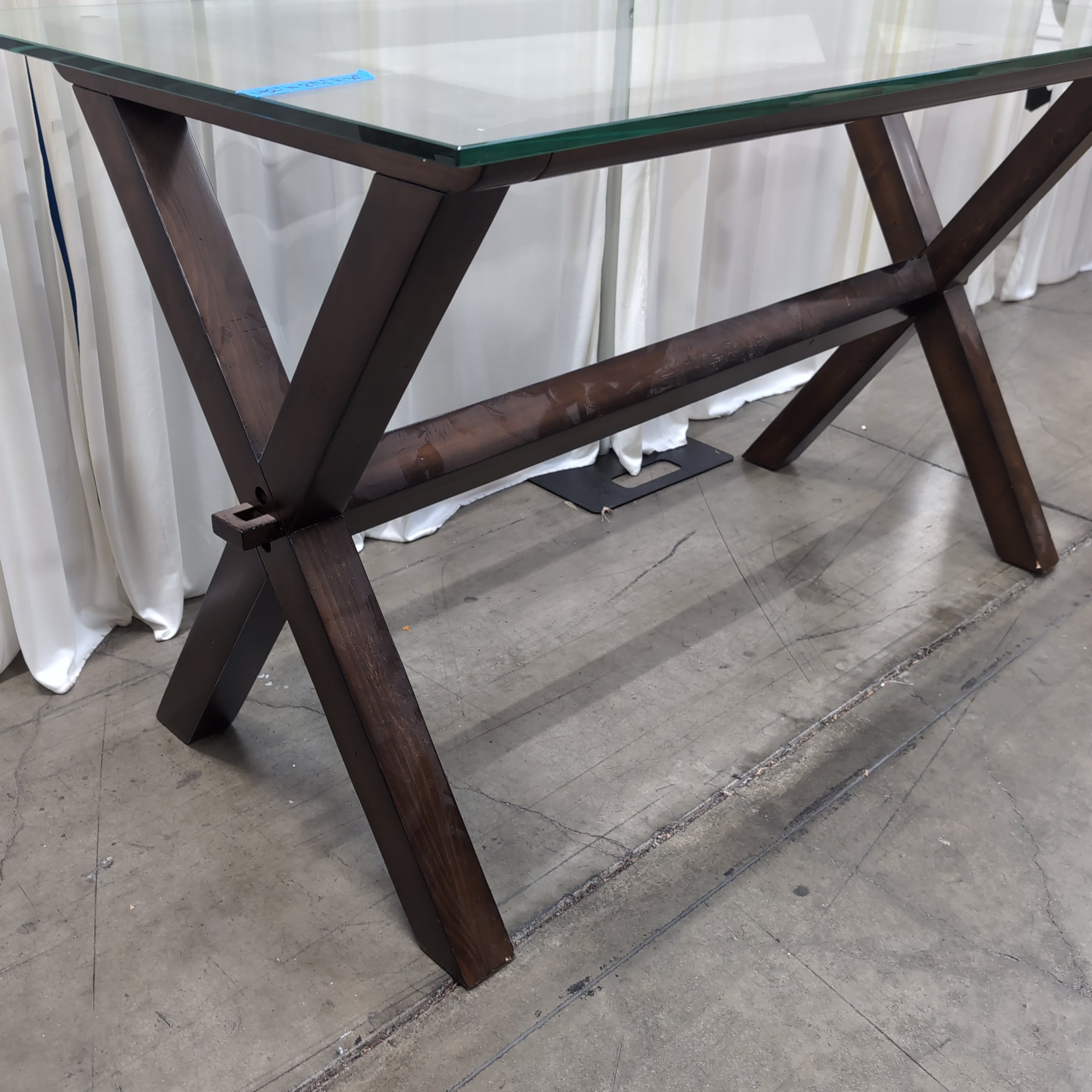 Dark Wood X-Base Console Table with Glass Top