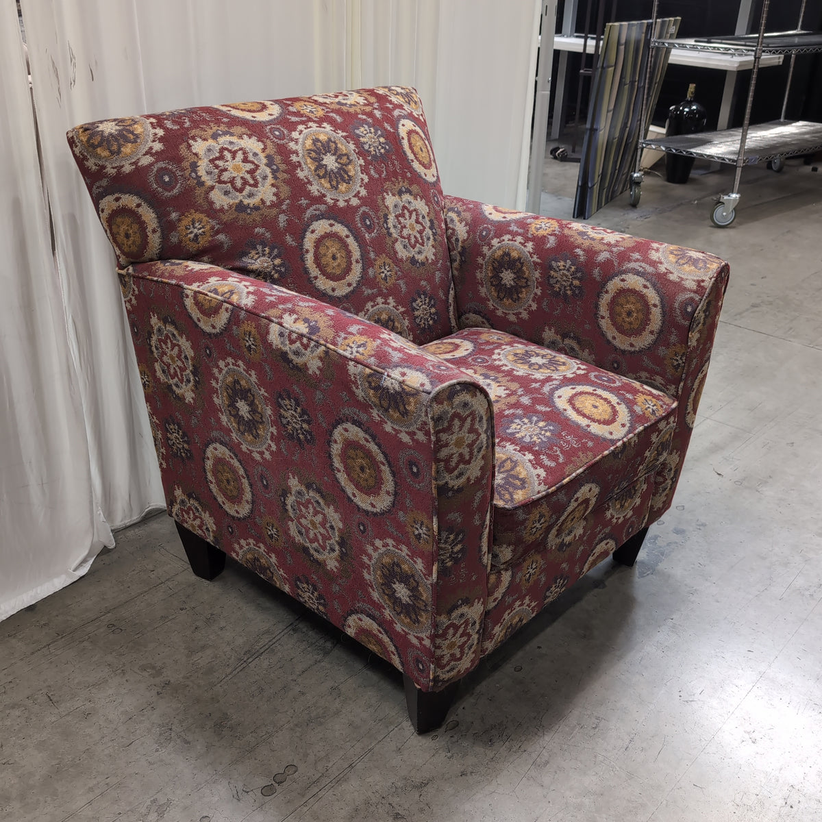 Burgundy Medallion Pattern Armchair with Rolled Arms