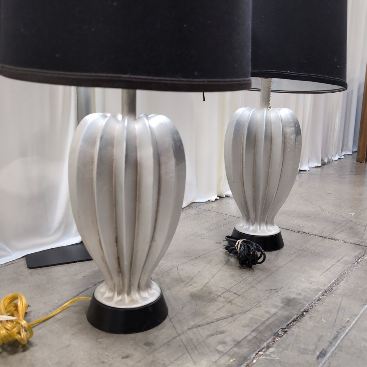 Pair of Fluted Glass Table Lamps with Black Shades