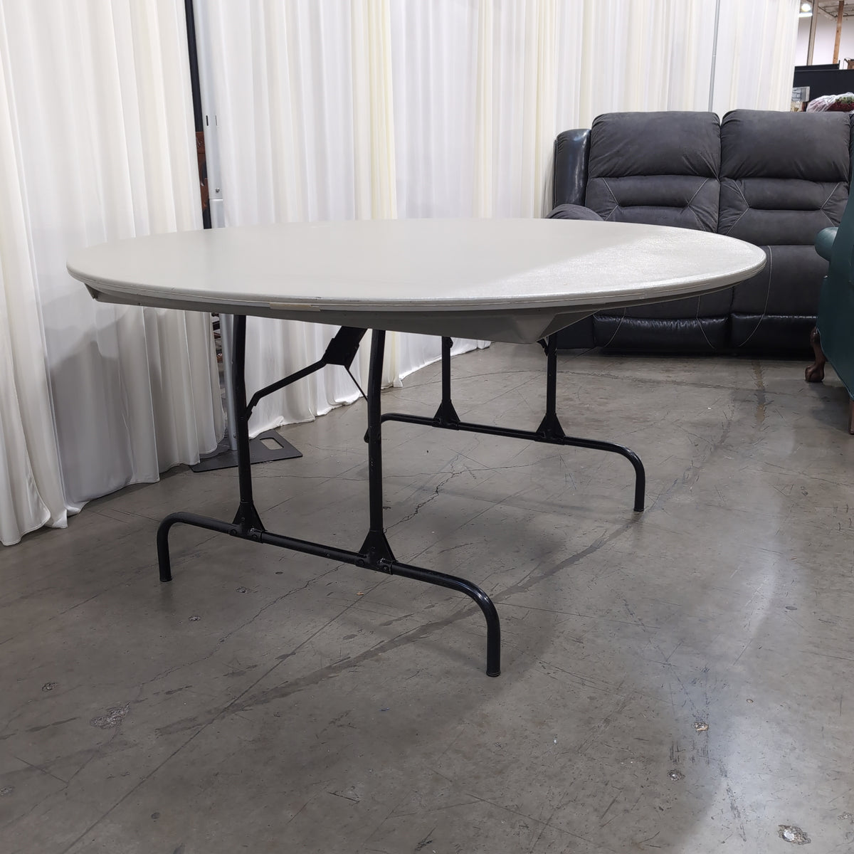 Round Grey Plastic Folding Table with Black Metal Legs