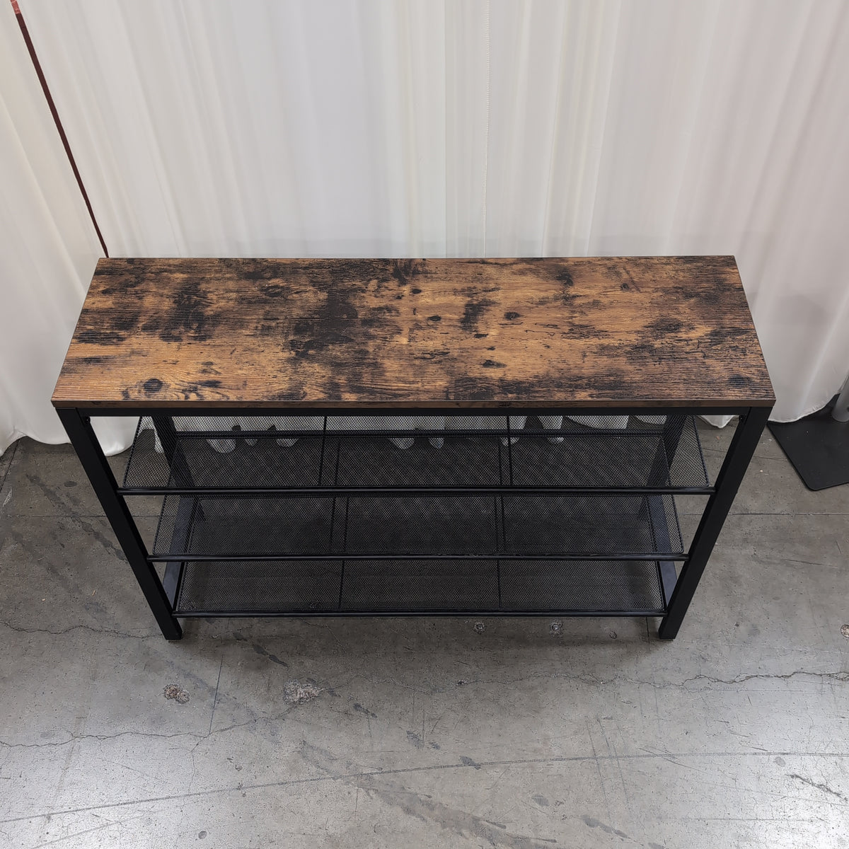 Industrial Brown Wood-Look Console Table with Mesh Shelves