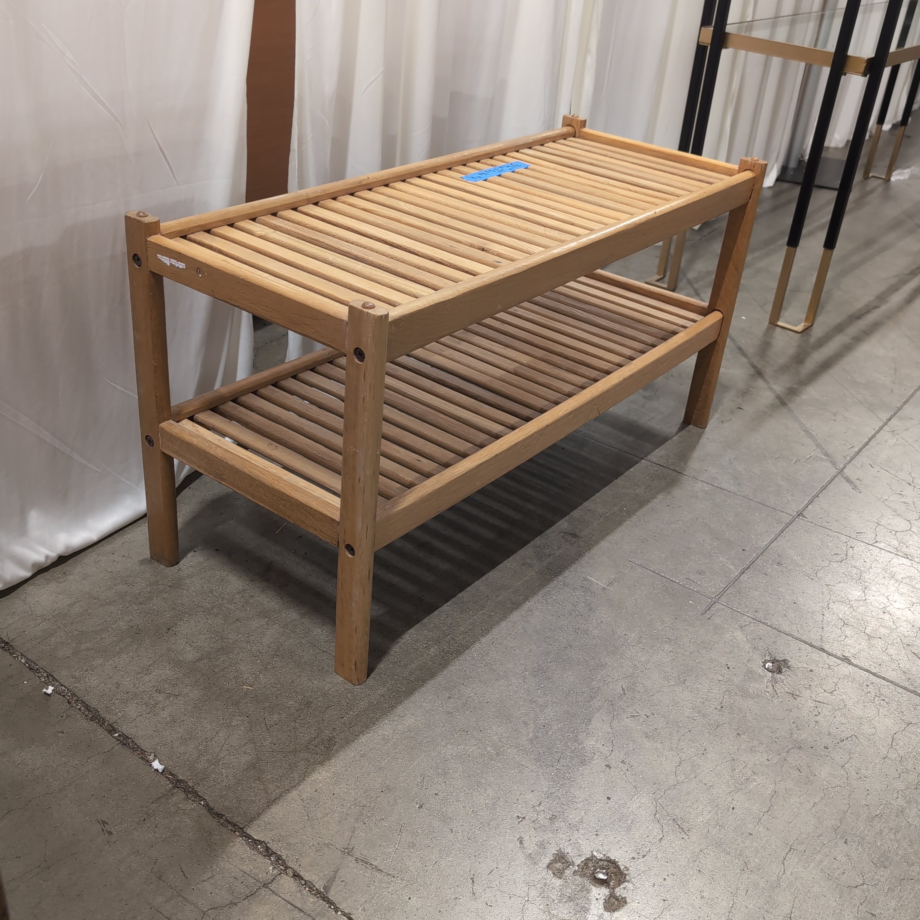 Natural Wood Two-Tier Slatted Storage Shelf