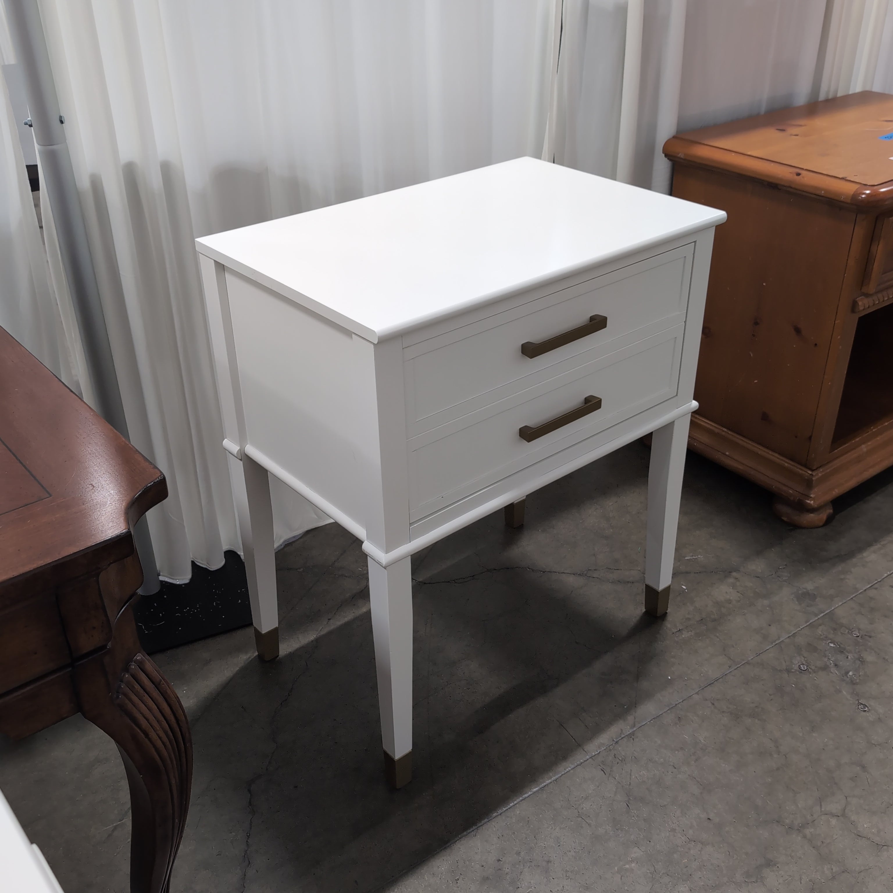 White Two-Drawer Nightstand with Bronze Hardware