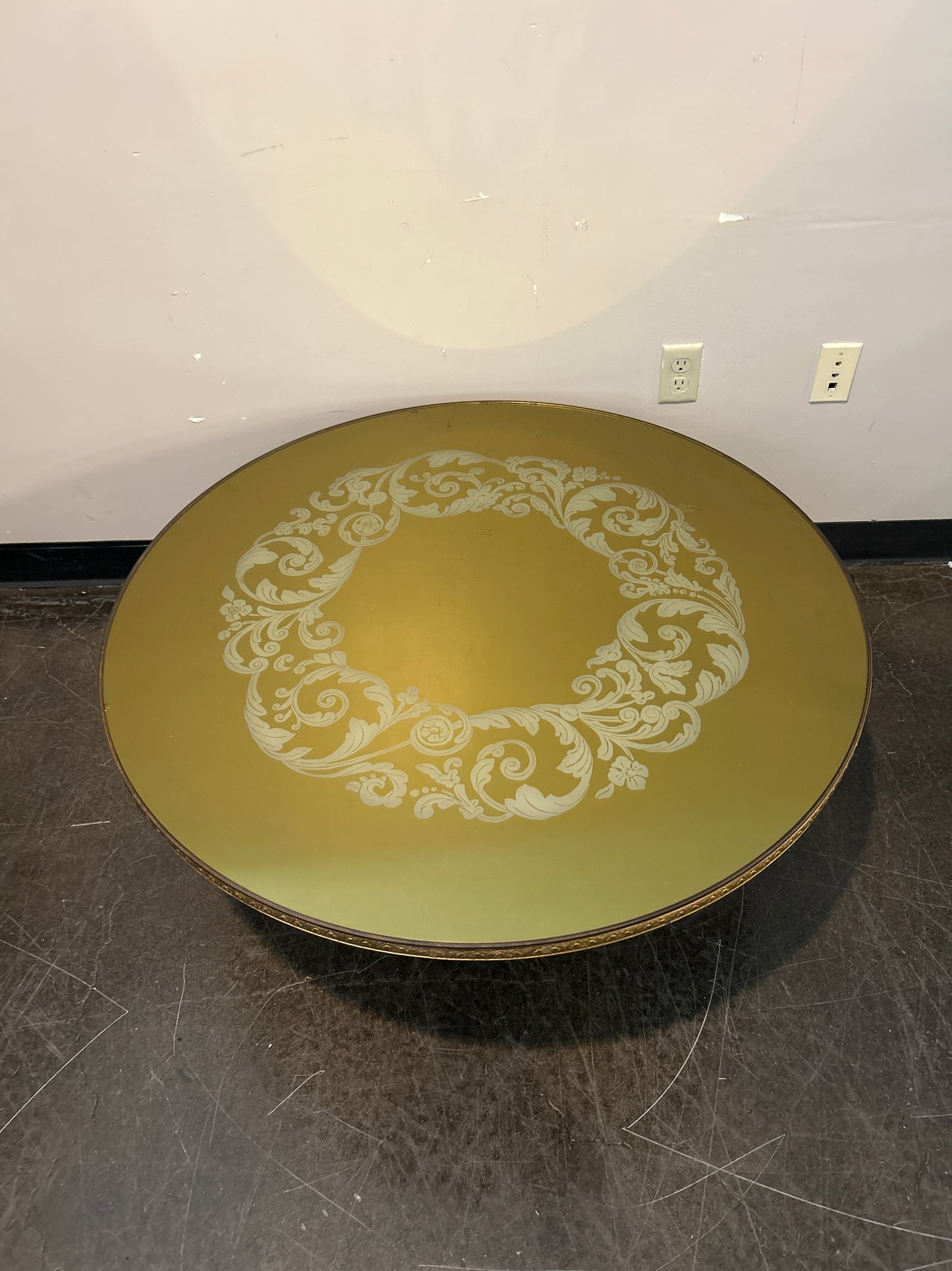 Gold Mirrored Round Coffee Table with Etched Design