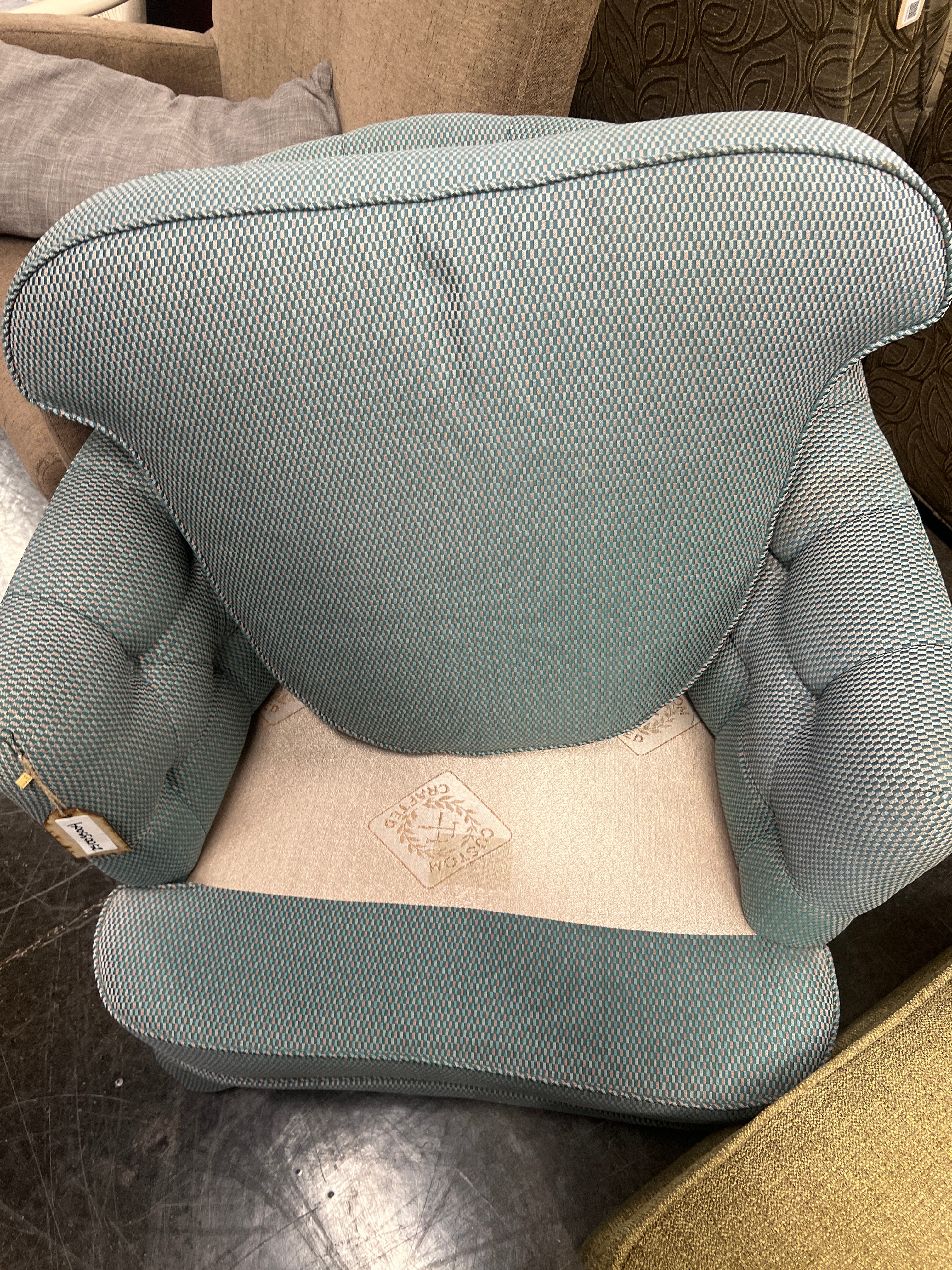 Custom Crafted Tufted Swivel Armchair – Teal Rose Pattern Upholstery