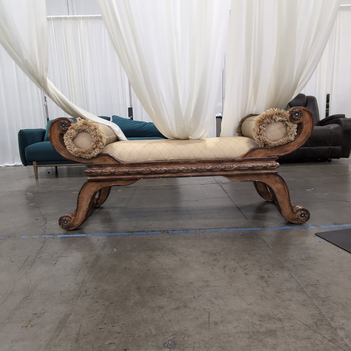 Horchowineiman Marcus-Ornate Traditional Beige Upholstered Bench in Dark Wood