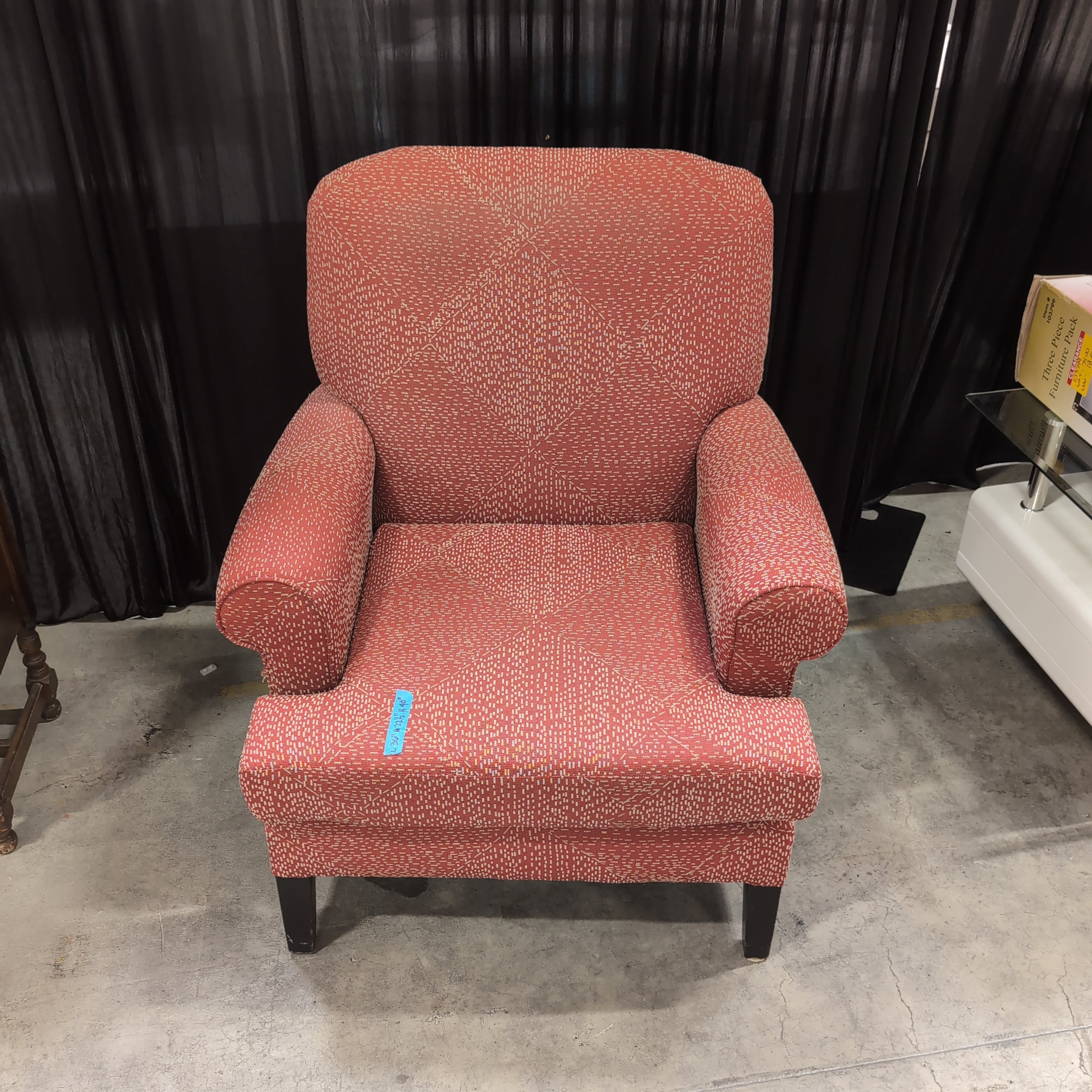 Red Patterned Upholstered Armchair with Rolled Arms