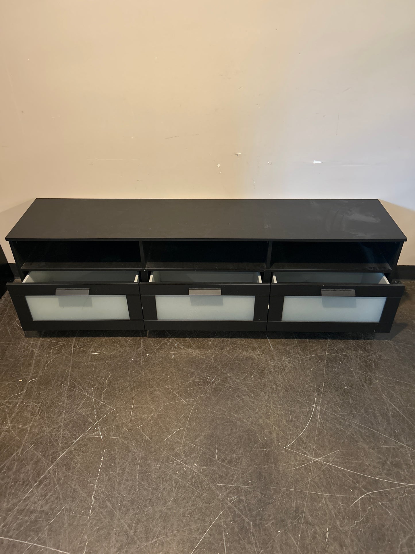 Modern Black Media Console with Frosted Glass Drawers