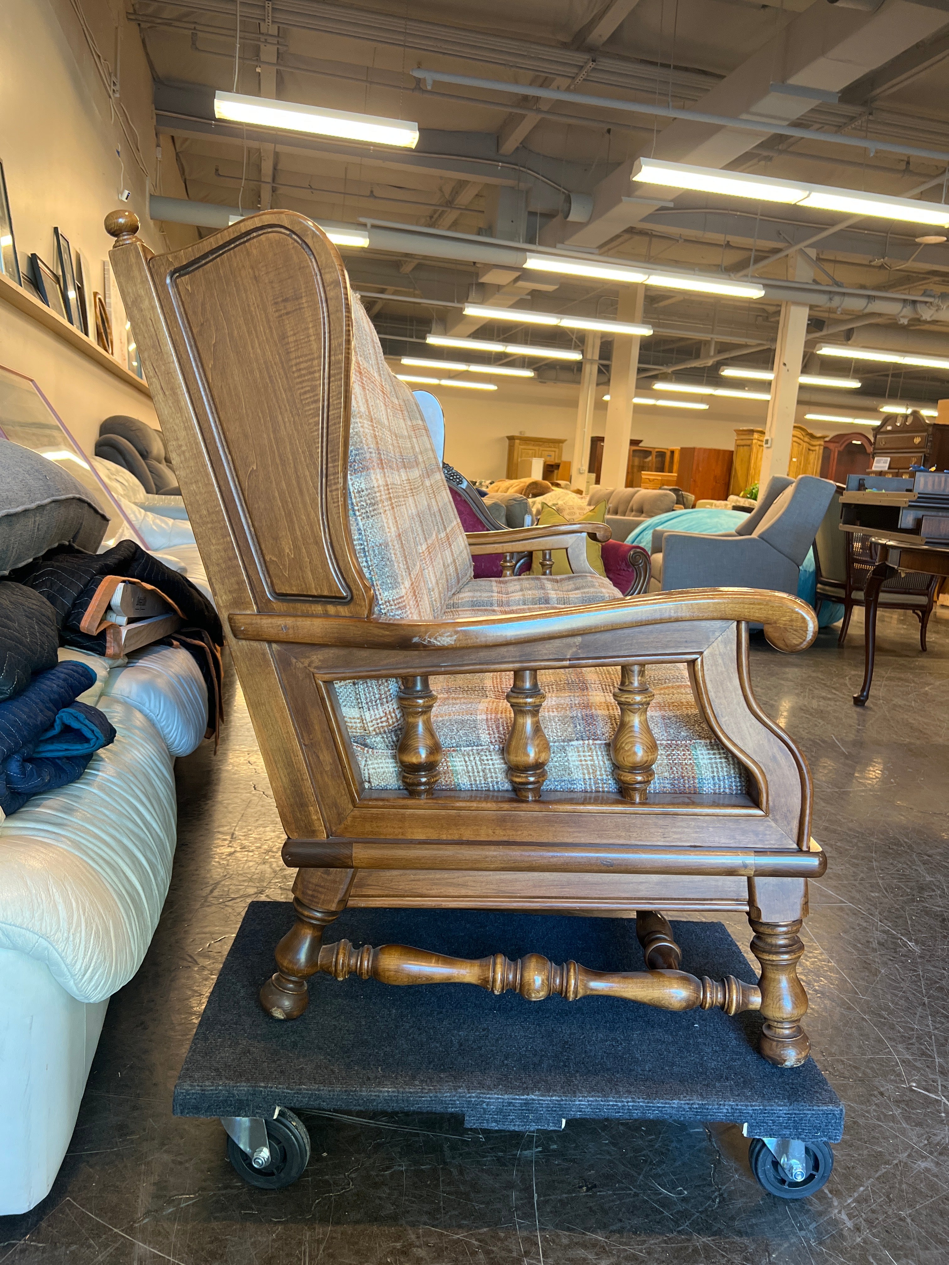 Rustic Wooden Settee with Plaid Cushion