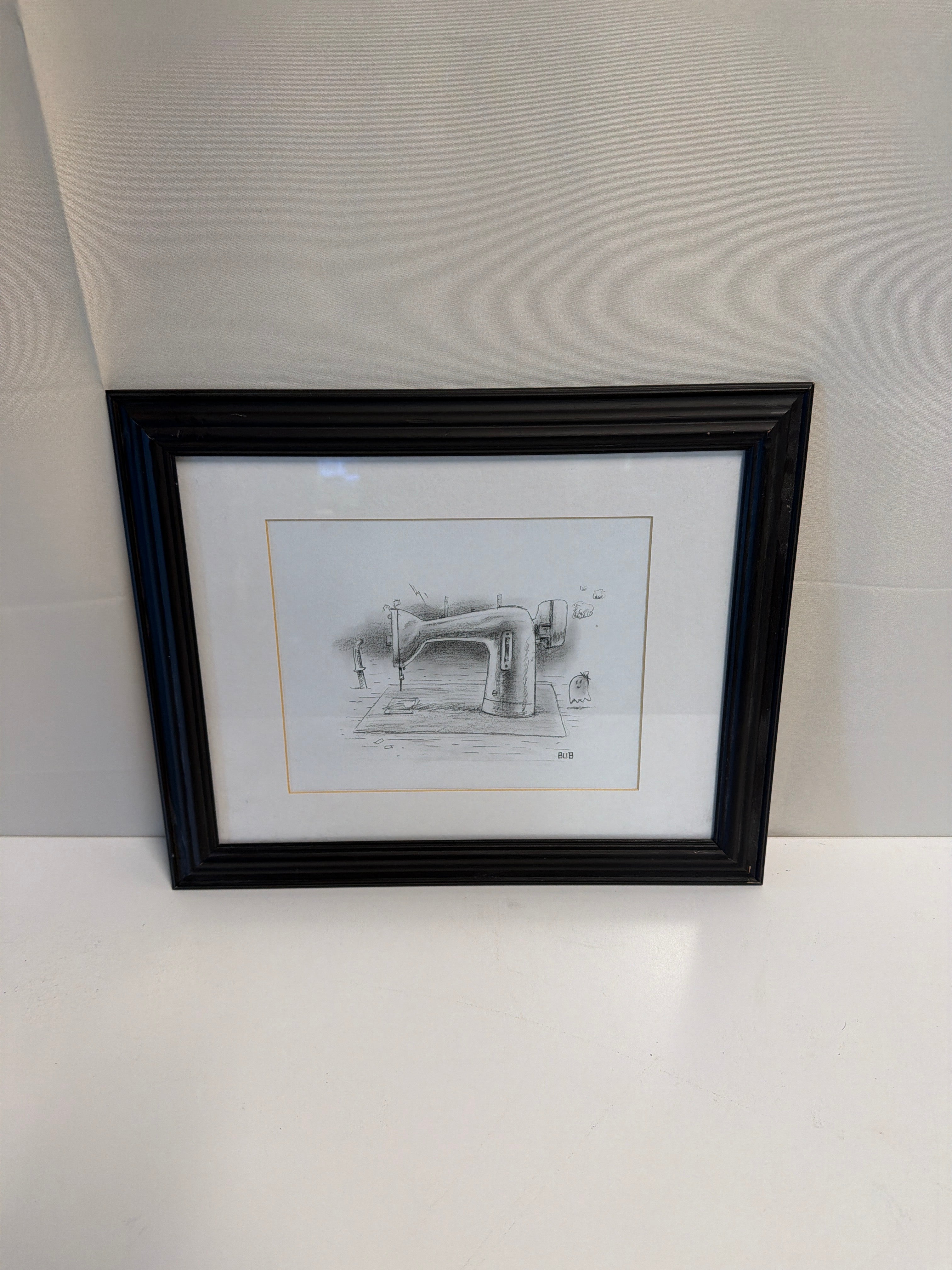 Whimsical BUB Sewing Machine Framed Pencil Sketch Artwork