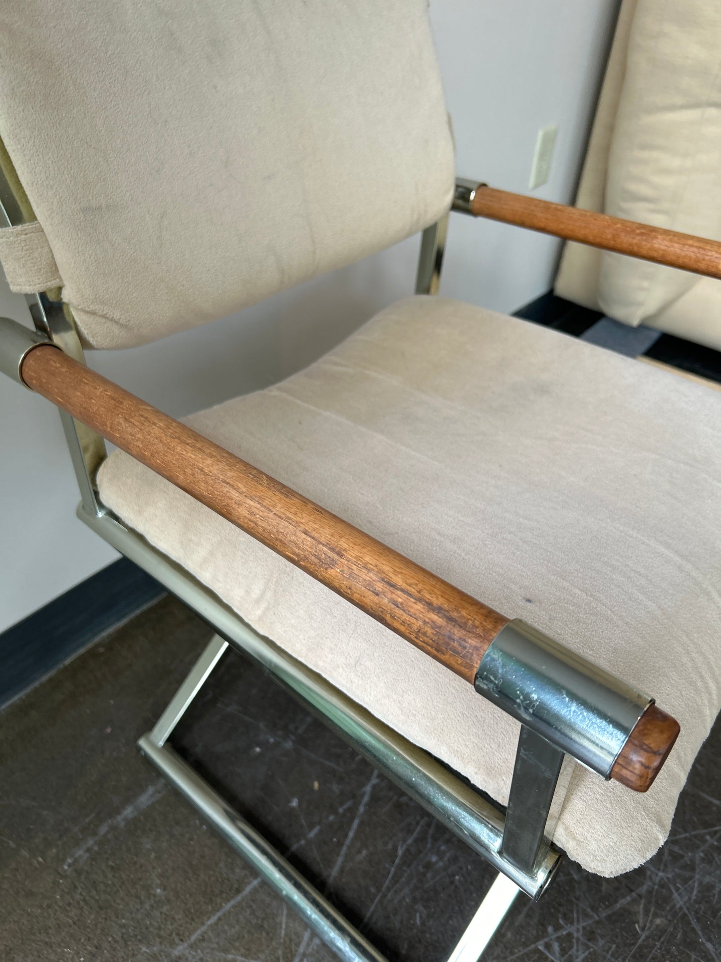 Vintage White Cushion Directors Chair with Wood and Metal Accent