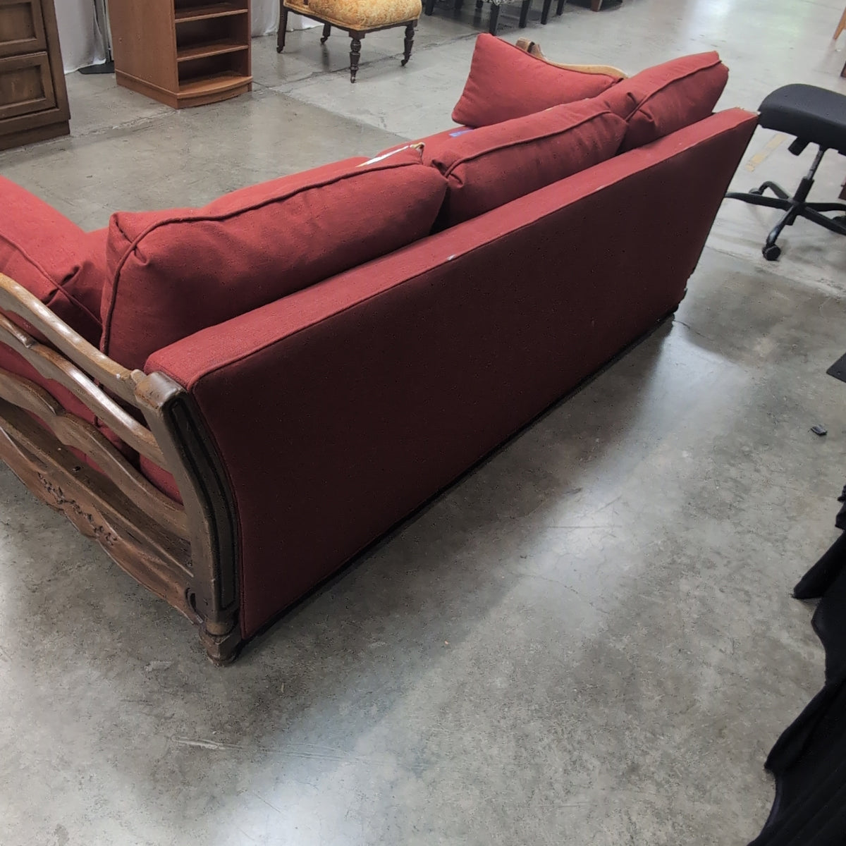 French Provincial Style Red Couch with Carved Wood