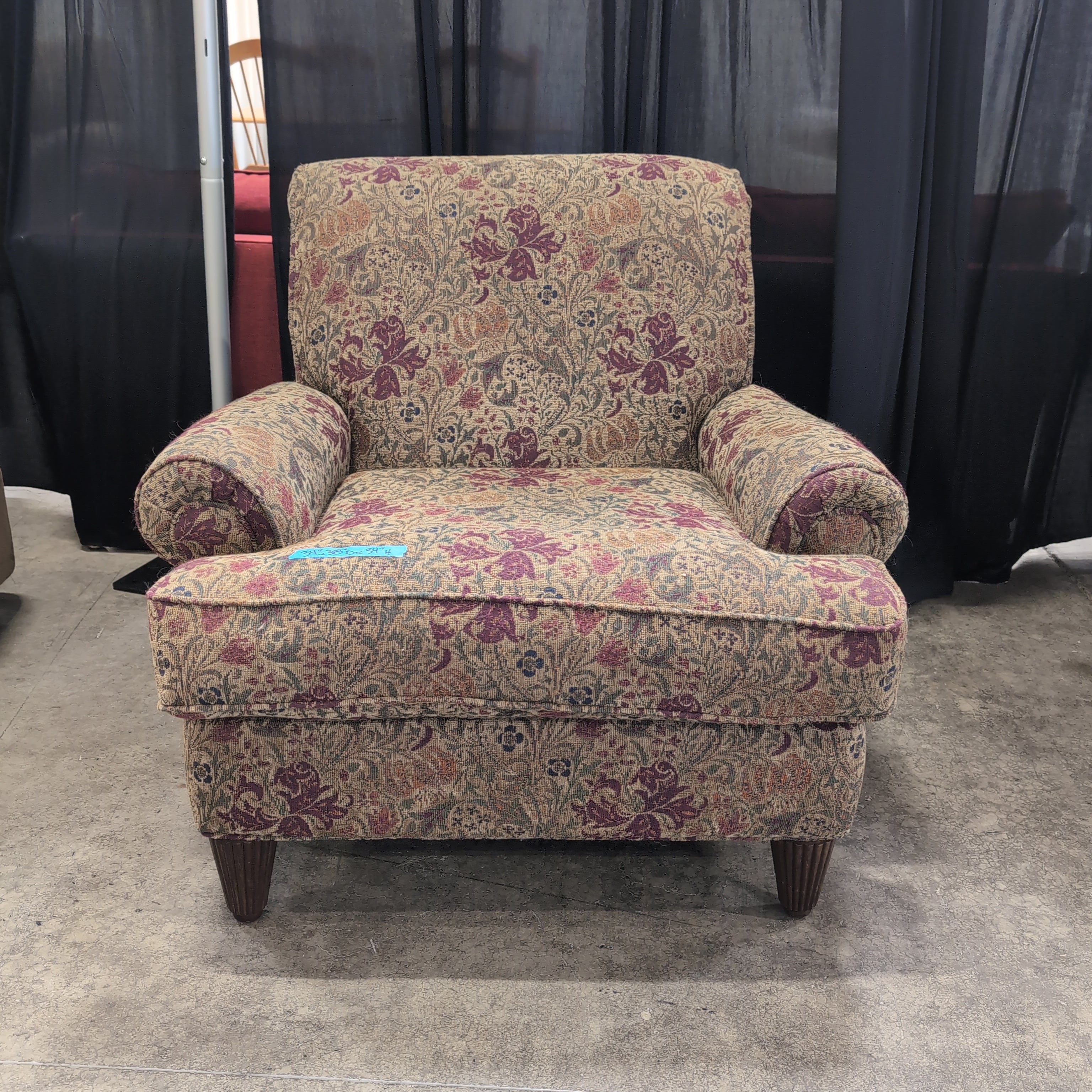 Rolled Arm Armchair and Ottoman in Floral Tapestry Fabric